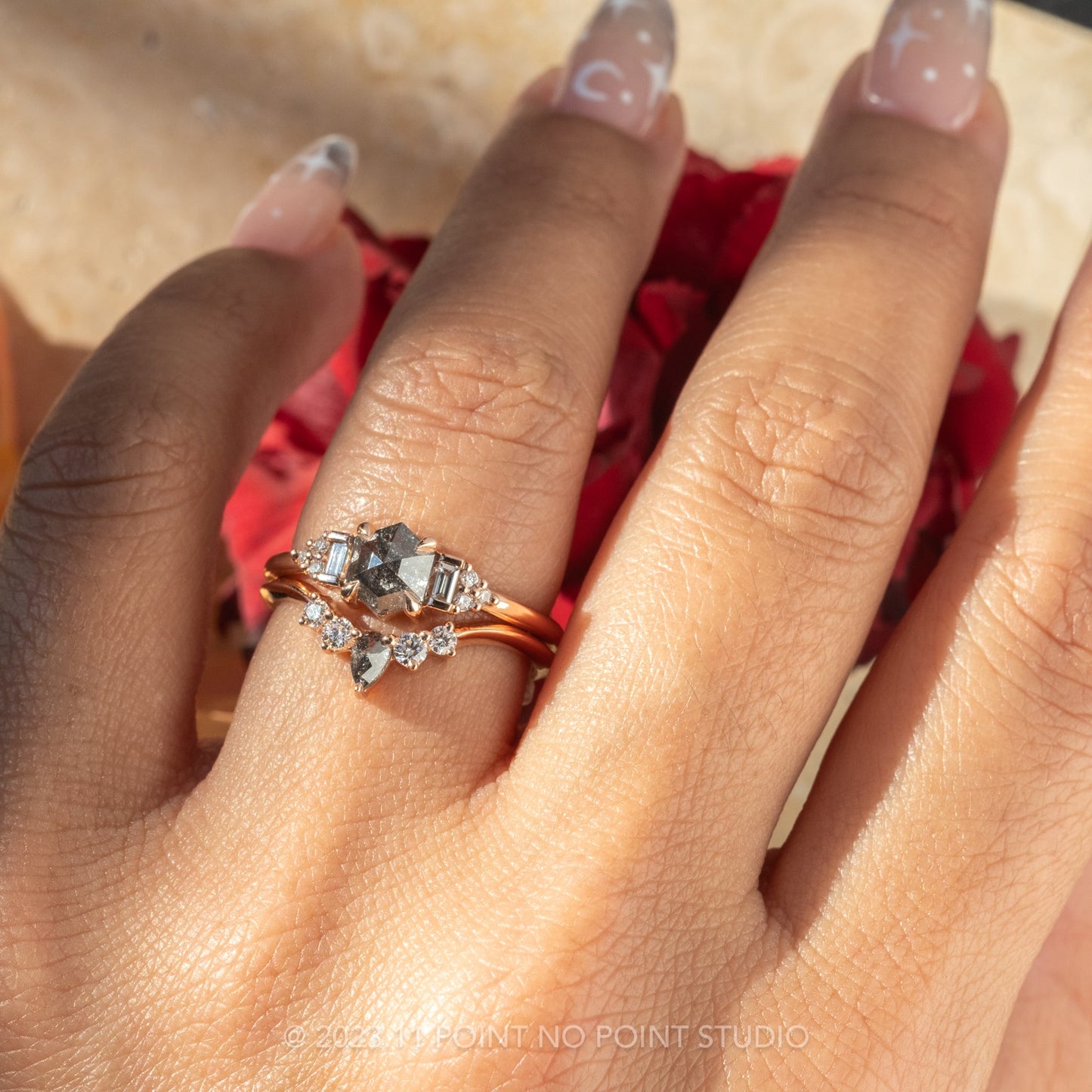 1.41 Carat Salt and Pepper Hexagon Diamond Engagement Ring, Dahlia Setting