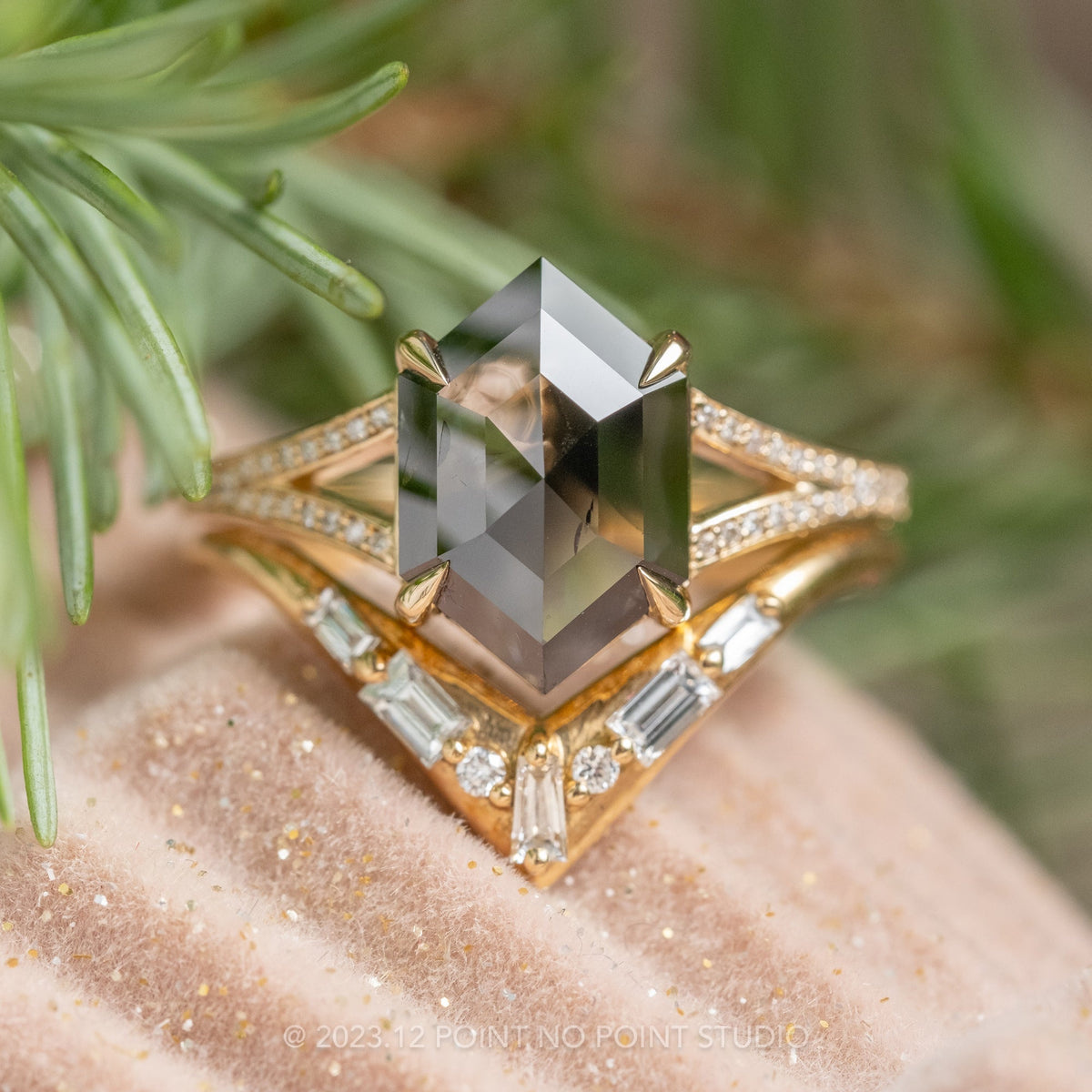 2.79 Carat Black Hexagon Diamond Engagement Ring, River Setting