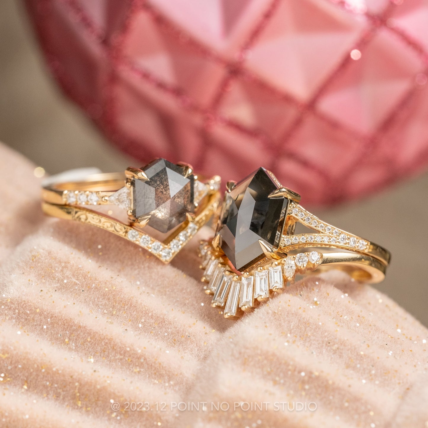 2.79 Carat Black Hexagon Diamond Engagement Ring, River Setting