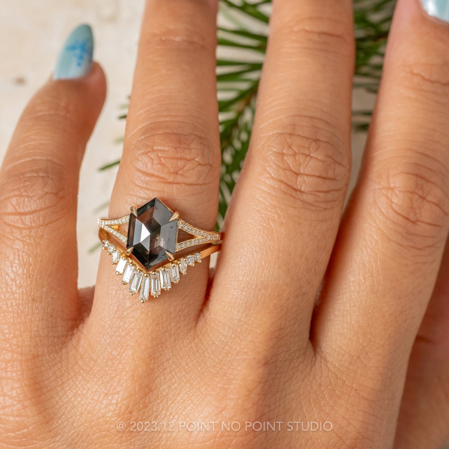 2.79 Carat Black Hexagon Diamond Engagement Ring, River Setting
