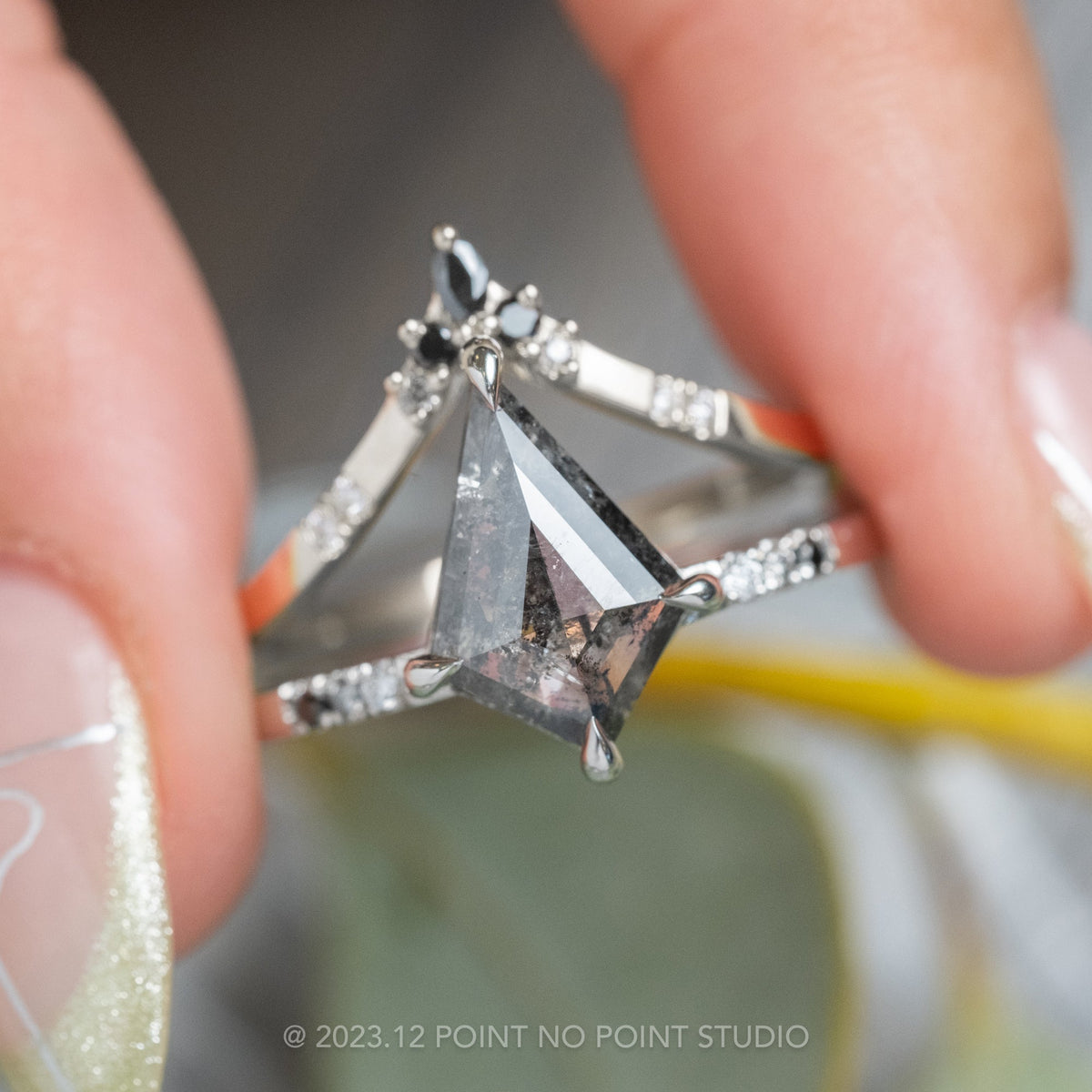 1.51 Carat Black Salt and Pepper Kite Diamond Engagement Ring, Ombre Jules Setting
