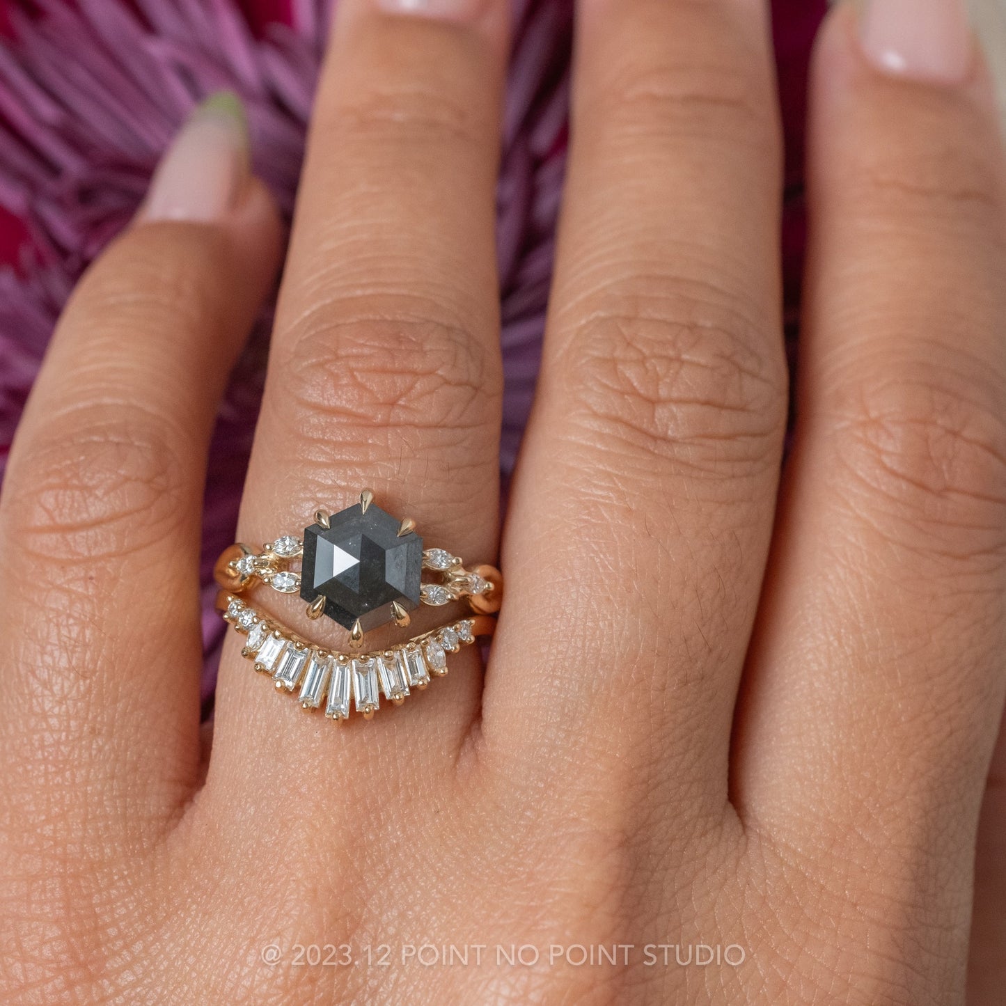 2.39 Carat Black Hexagon Diamond Engagement Ring, Winona Setting