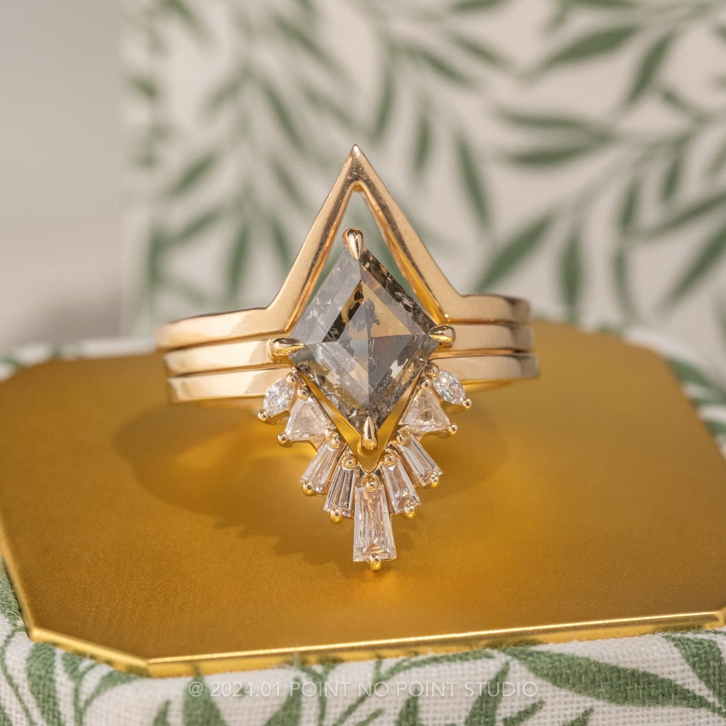 1.50 Carat Salt and Pepper Lozenge Diamond Engagement Ring, Jane Setting, 14K Yellow Gold
