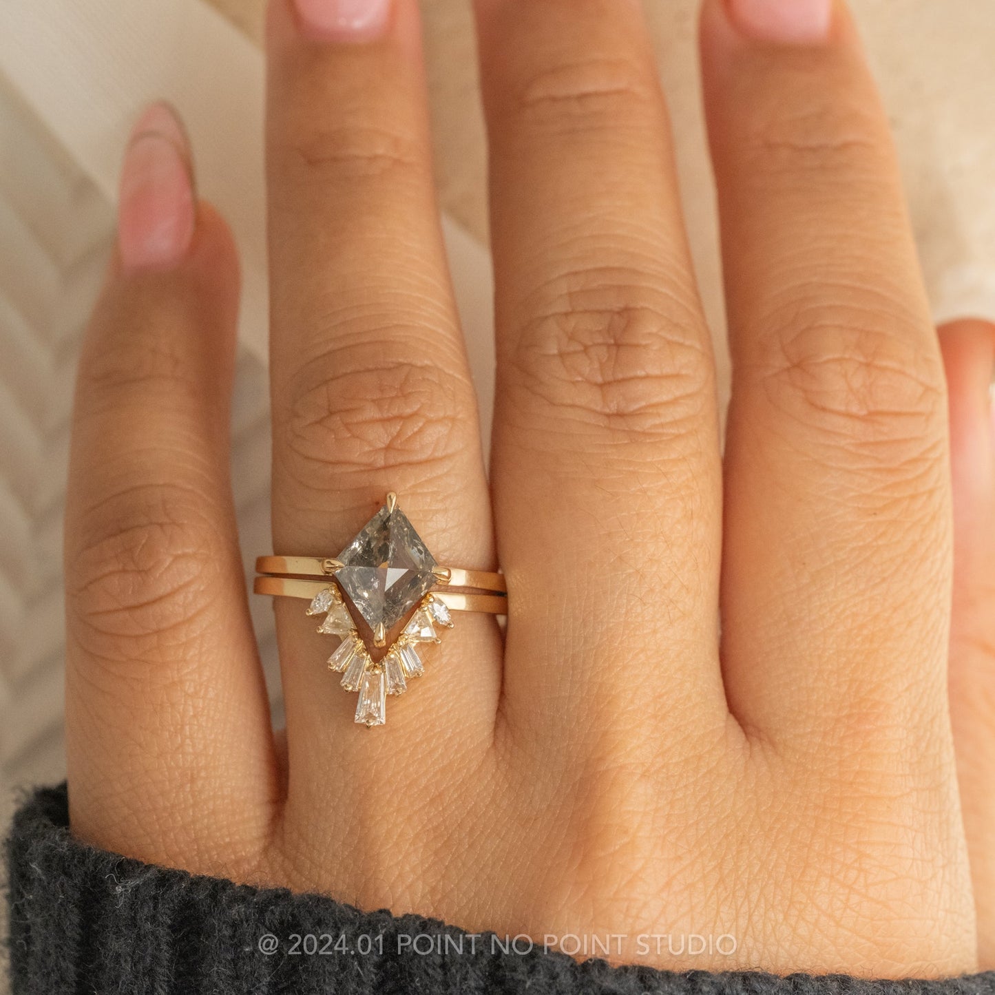 1.50 Carat Salt and Pepper Lozenge Diamond Engagement Ring, Jane Setting, 14K Yellow Gold