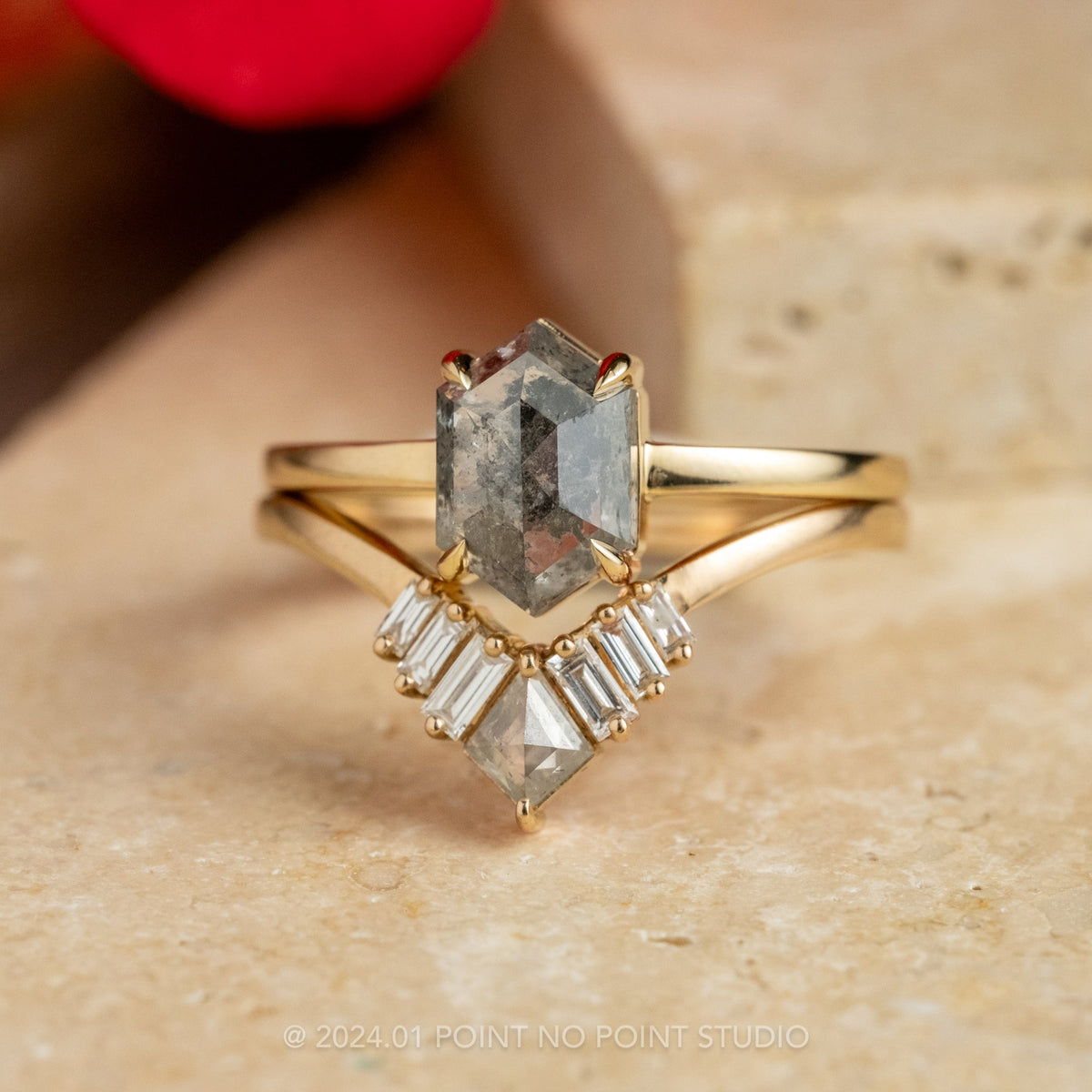 1.84 Carat Salt and Pepper Hexagon Diamond Engagement Ring, Jane Setting, 14K Yellow Gold