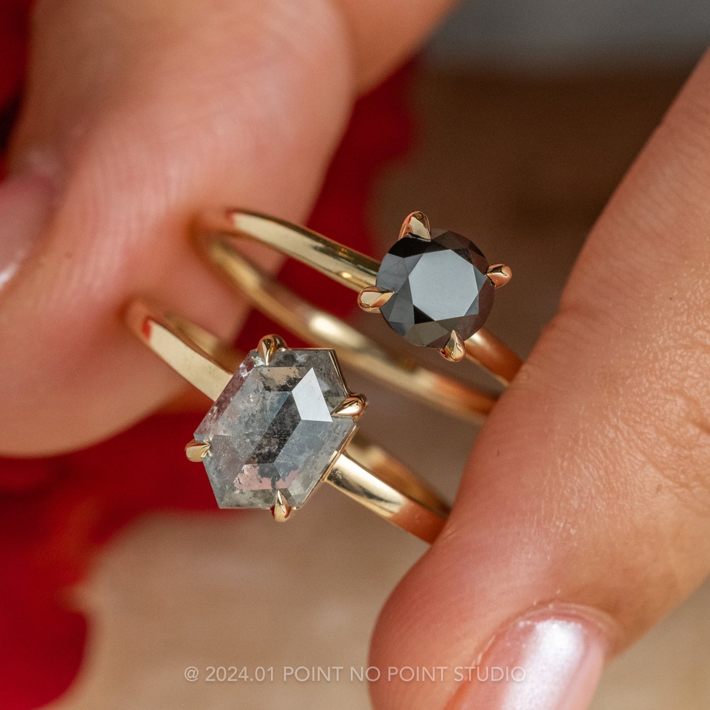 1.84 Carat Salt and Pepper Hexagon Diamond Engagement Ring, Jane Setting, 14K Yellow Gold