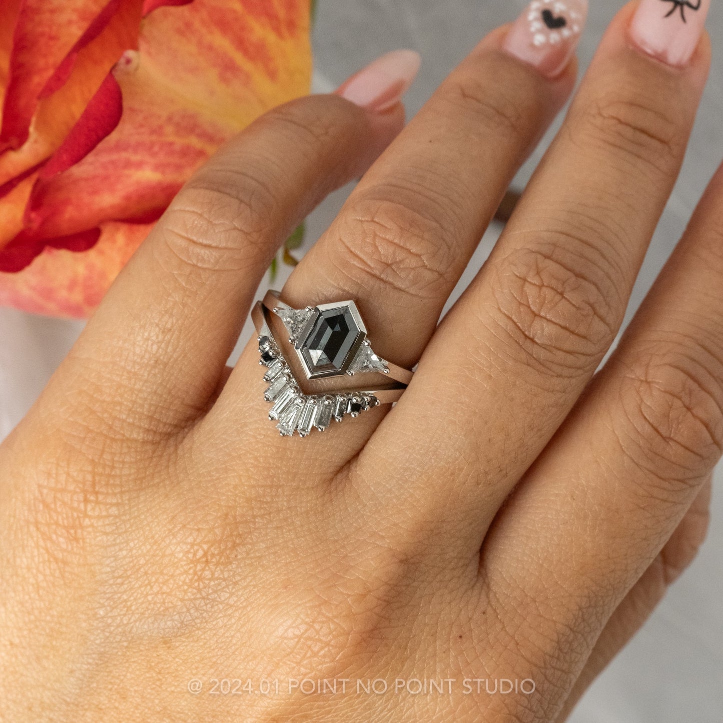 2 Carat Black Hexagon Diamond Engagement Ring, Bezel Zoe Setting