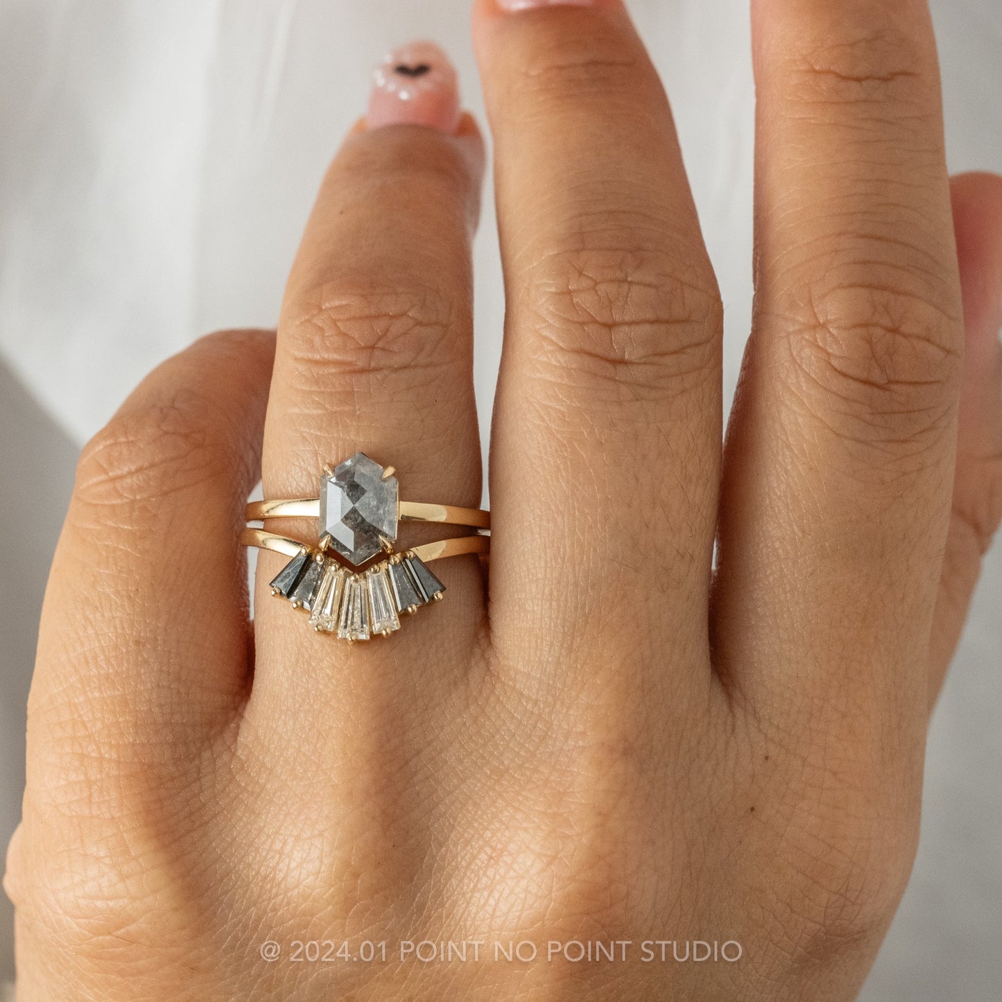 1.84 Carat Salt and Pepper Hexagon Diamond Engagement Ring, Jane Setting, 14K Yellow Gold