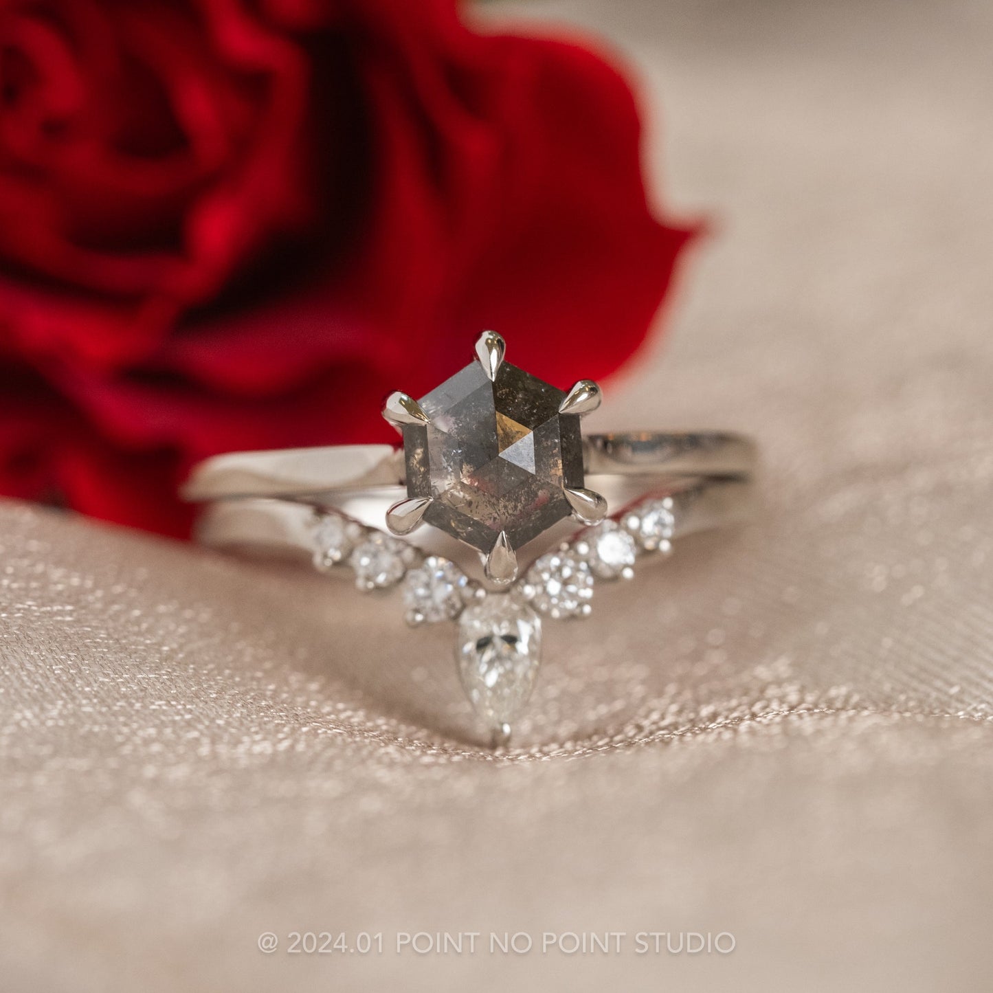 1.19 Carat Black Salt and Pepper Hexagon Diamond Engagement Ring, Lark Setting