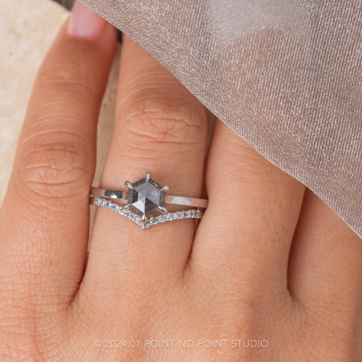 1.19 Carat Black Salt and Pepper Hexagon Diamond Engagement Ring, Lark Setting