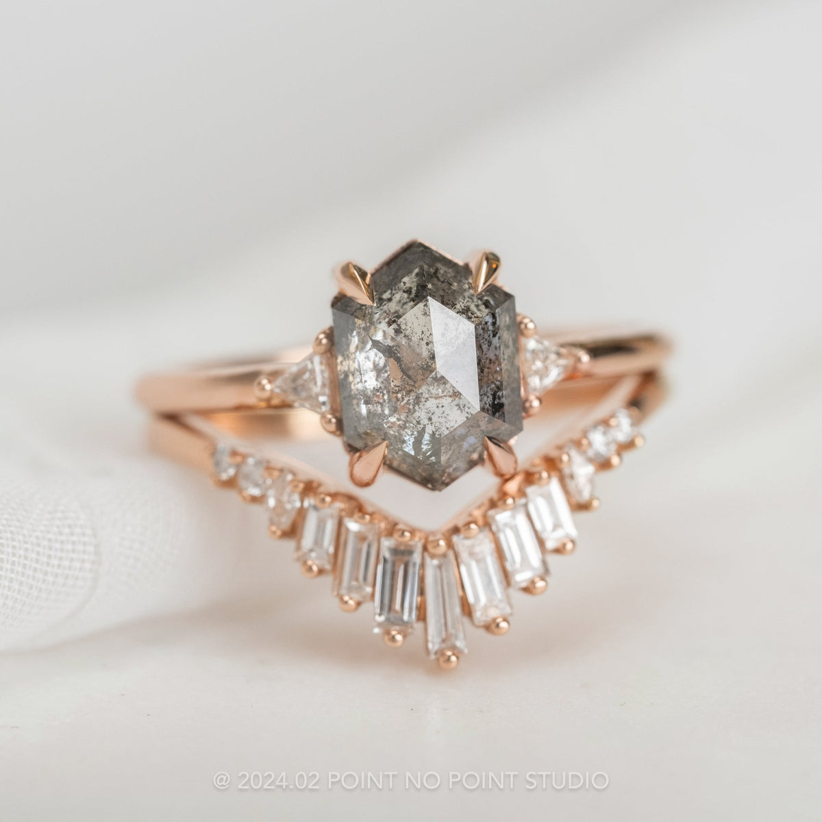 2.33 Carat Salt and Pepper Hexagon Diamond Engagement Ring, Zoe Setting, 14K Rose Gold