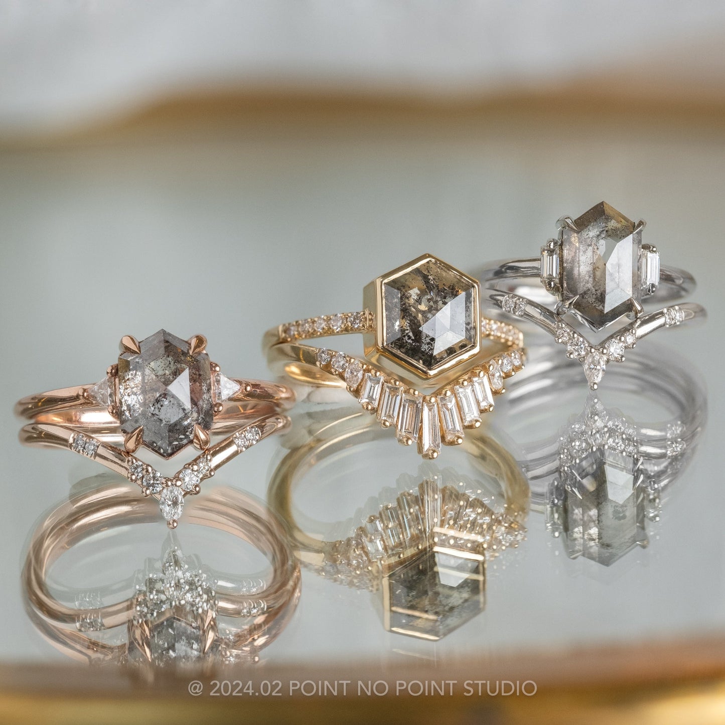 2.33 Carat Salt and Pepper Hexagon Diamond Engagement Ring, Zoe Setting, 14K Rose Gold