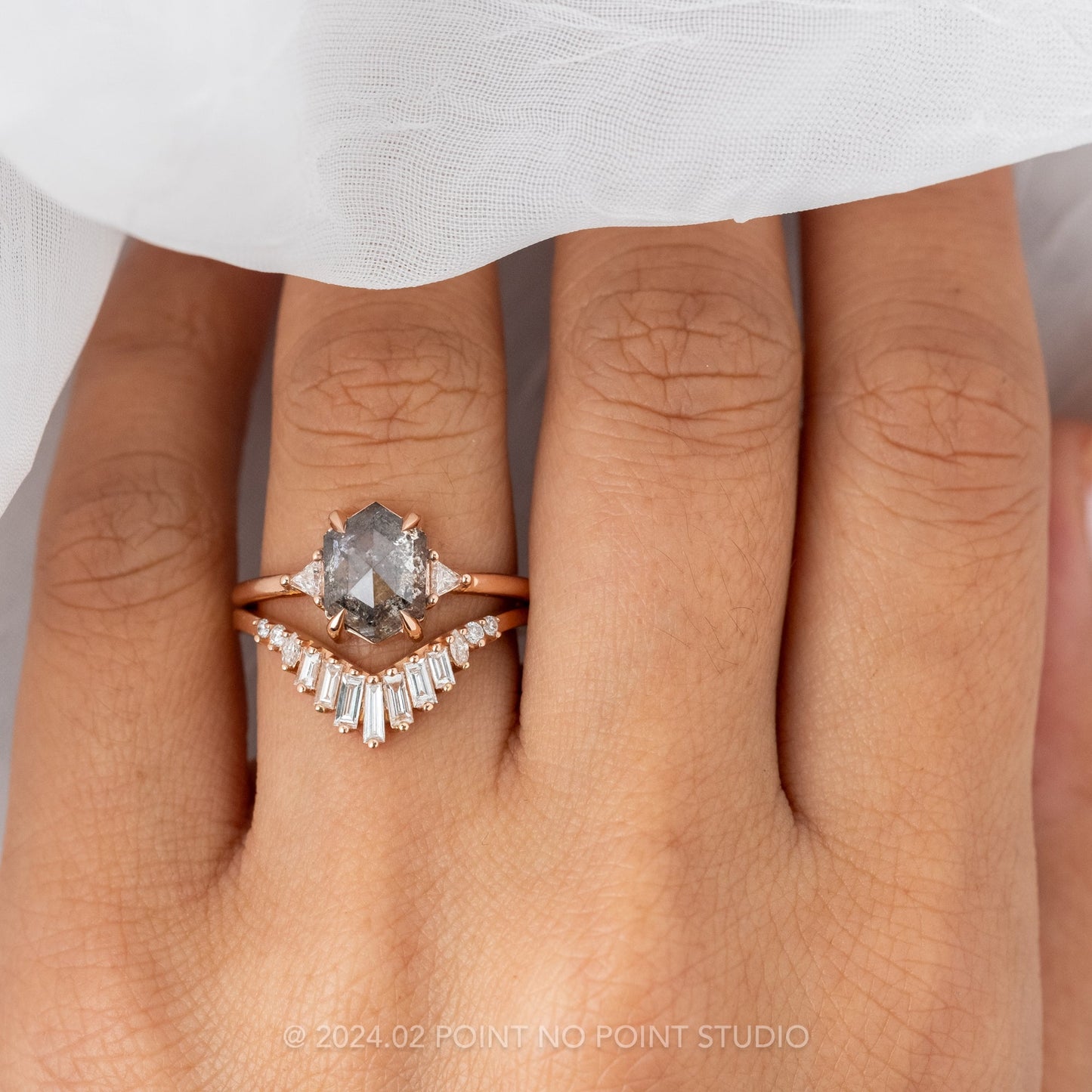 2.33 Carat Salt and Pepper Hexagon Diamond Engagement Ring, Zoe Setting, 14K Rose Gold