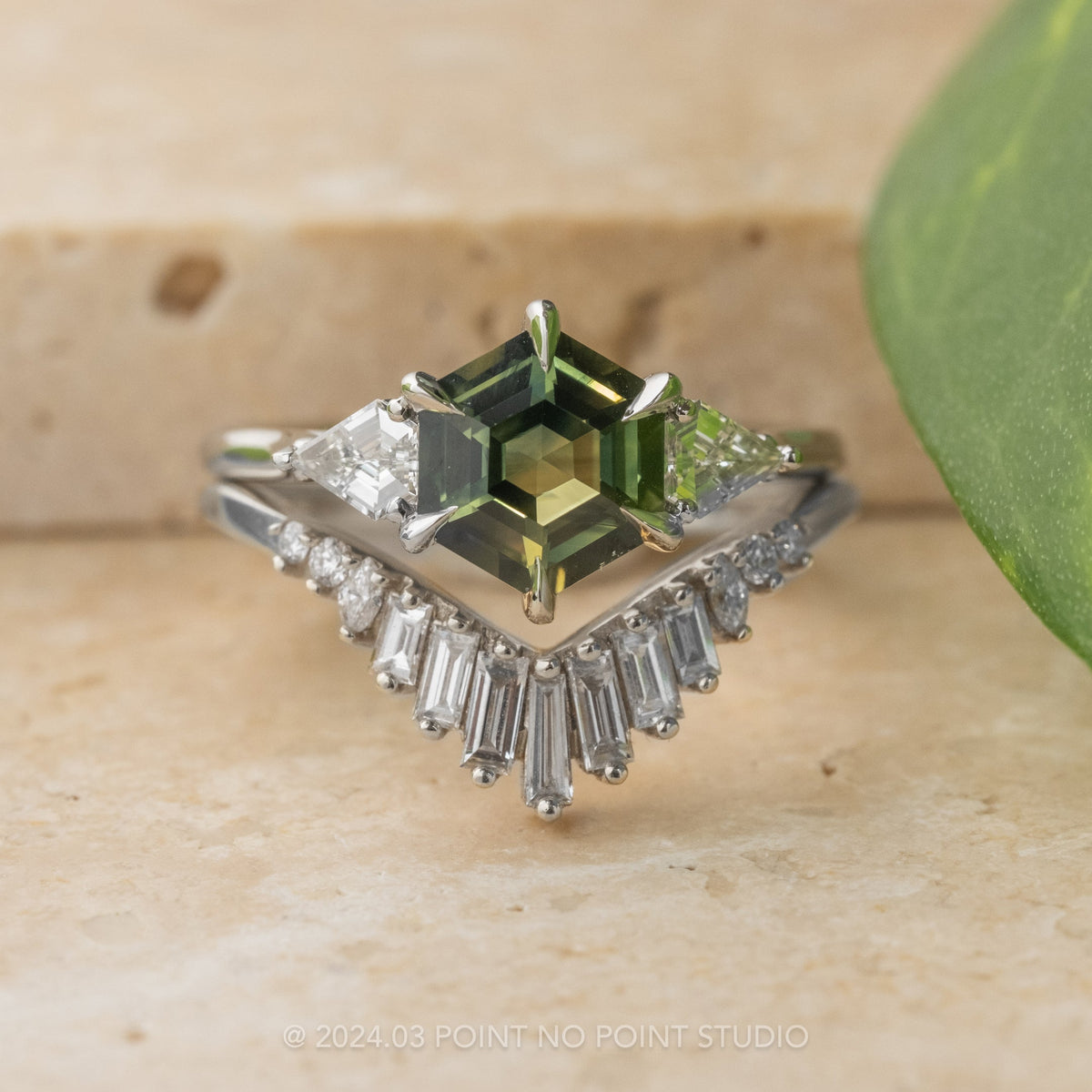 2.63 Carat Green Hexagon Sapphire and Diamond Engagement Ring, Lea Setting