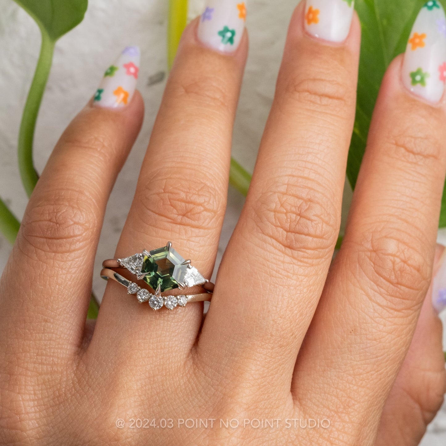 2.63 Carat Green Hexagon Sapphire and Diamond Engagement Ring, Lea Setting