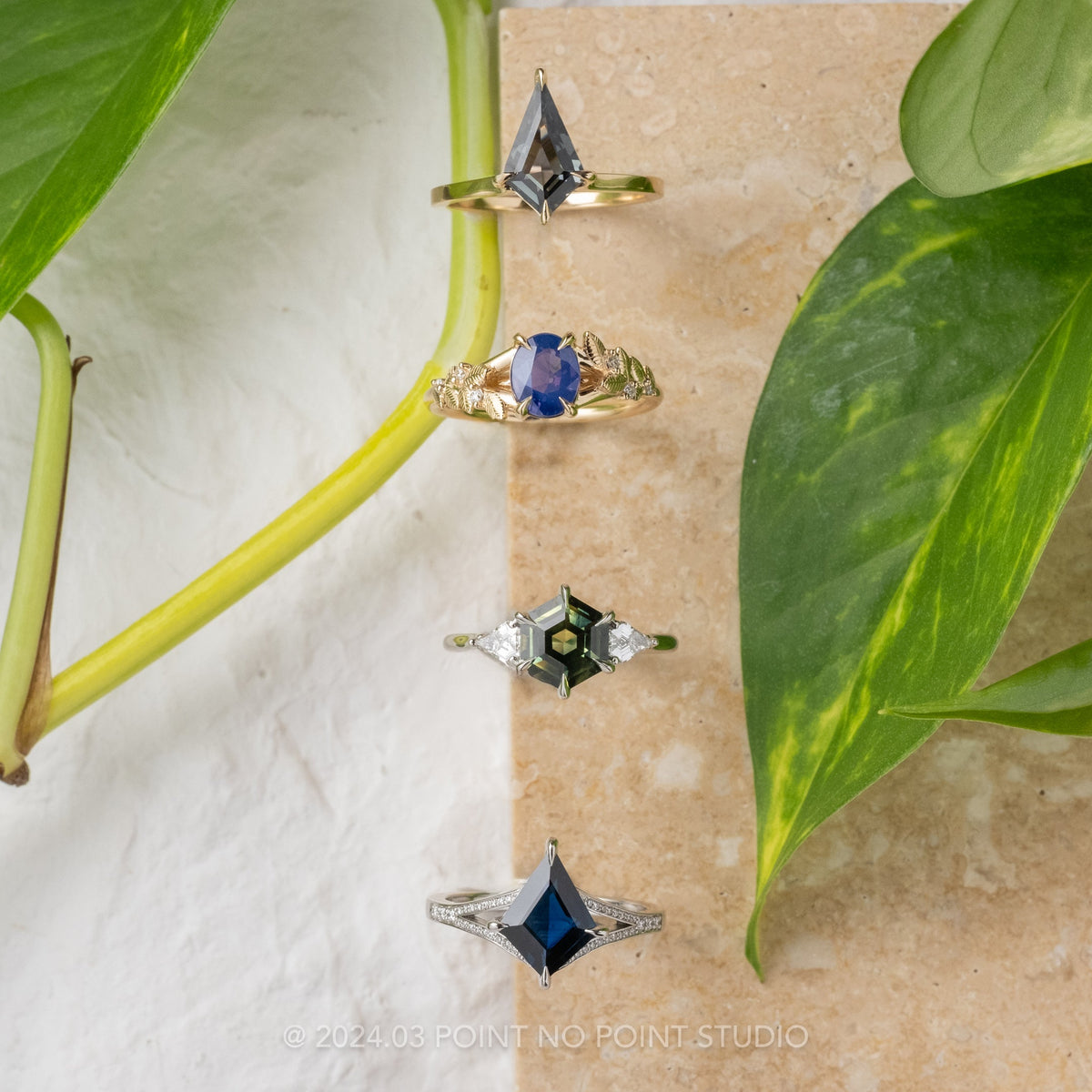 2.63 Carat Green Hexagon Sapphire and Diamond Engagement Ring, Lea Setting