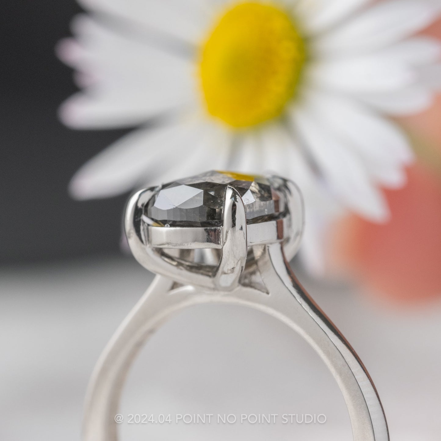 2.41 Carat Black Salt and Pepper Pear Diamond Engagement Ring, Lenora Setting, 14k White Gold