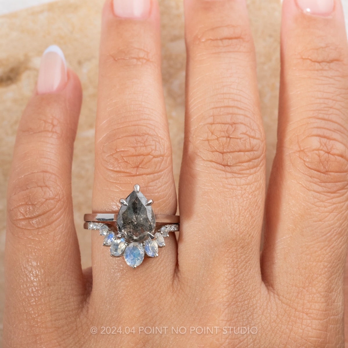 2.41 Carat Black Salt and Pepper Pear Diamond Engagement Ring, Lenora Setting, 14k White Gold