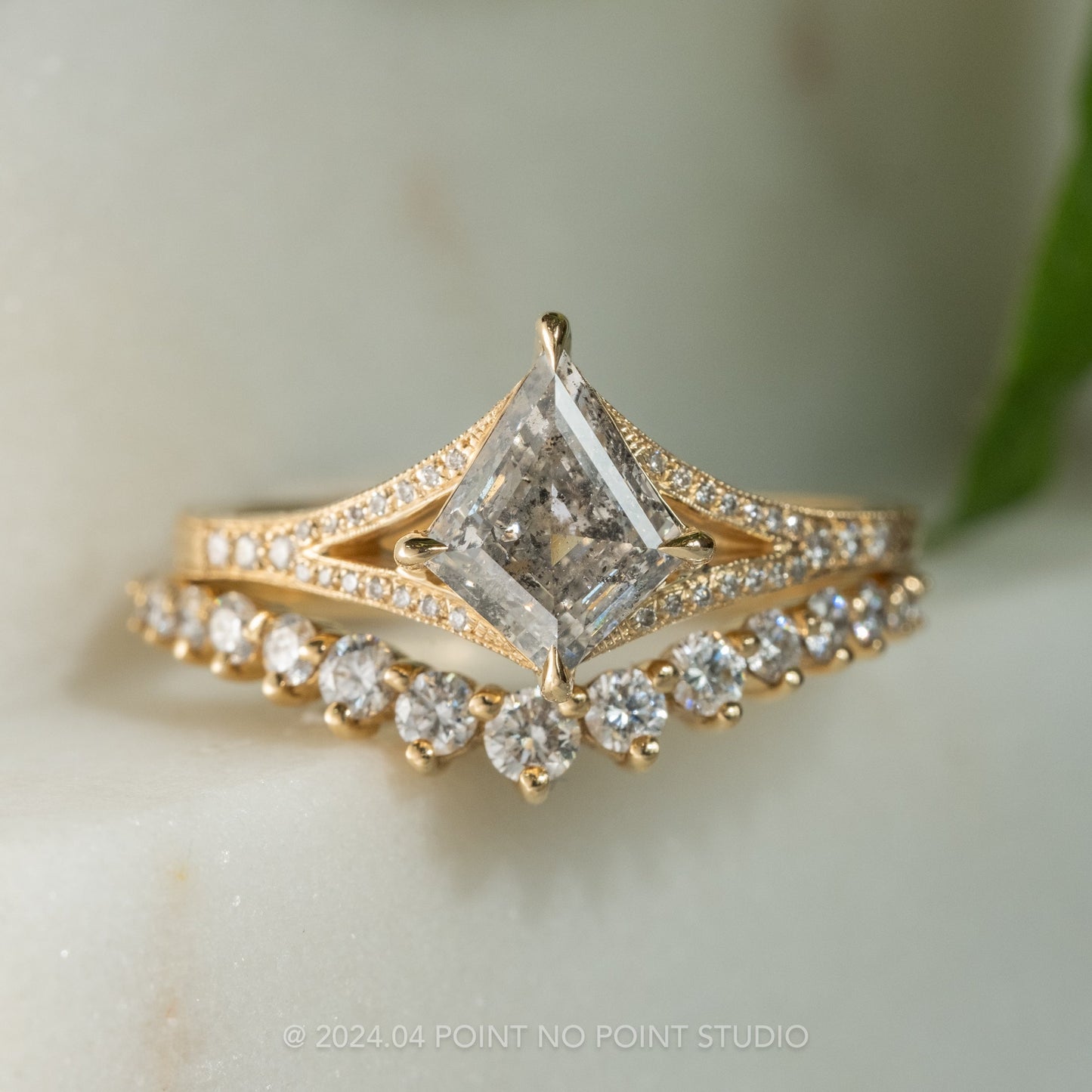 1.17 Carat Canadian Salt and Pepper Kite Diamond Engagement Ring, Engraved River Setting