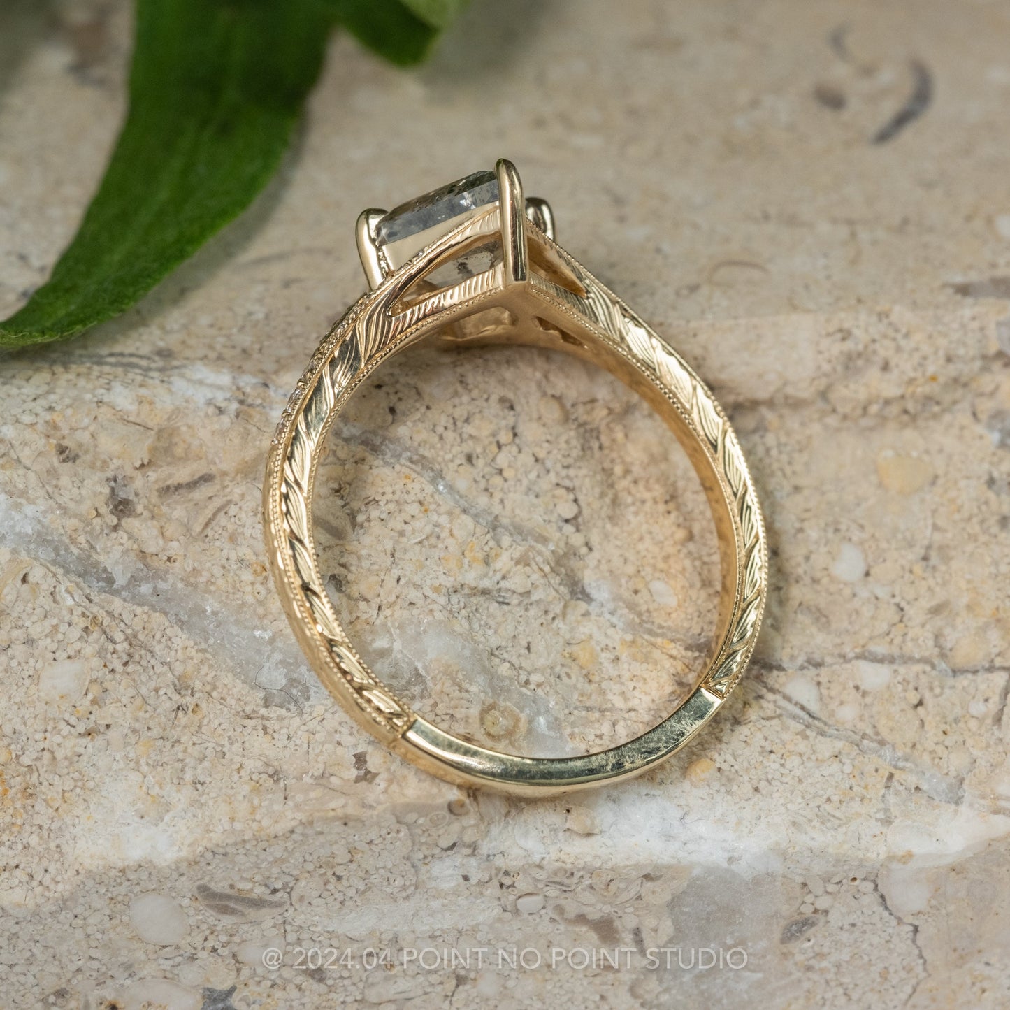 1.17 Carat Canadian Salt and Pepper Kite Diamond Engagement Ring, Engraved River Setting