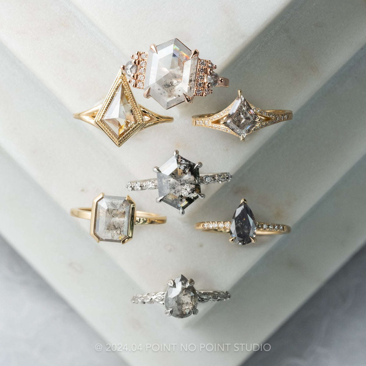 1.17 Carat Canadian Salt and Pepper Kite Diamond Engagement Ring, Engraved River Setting