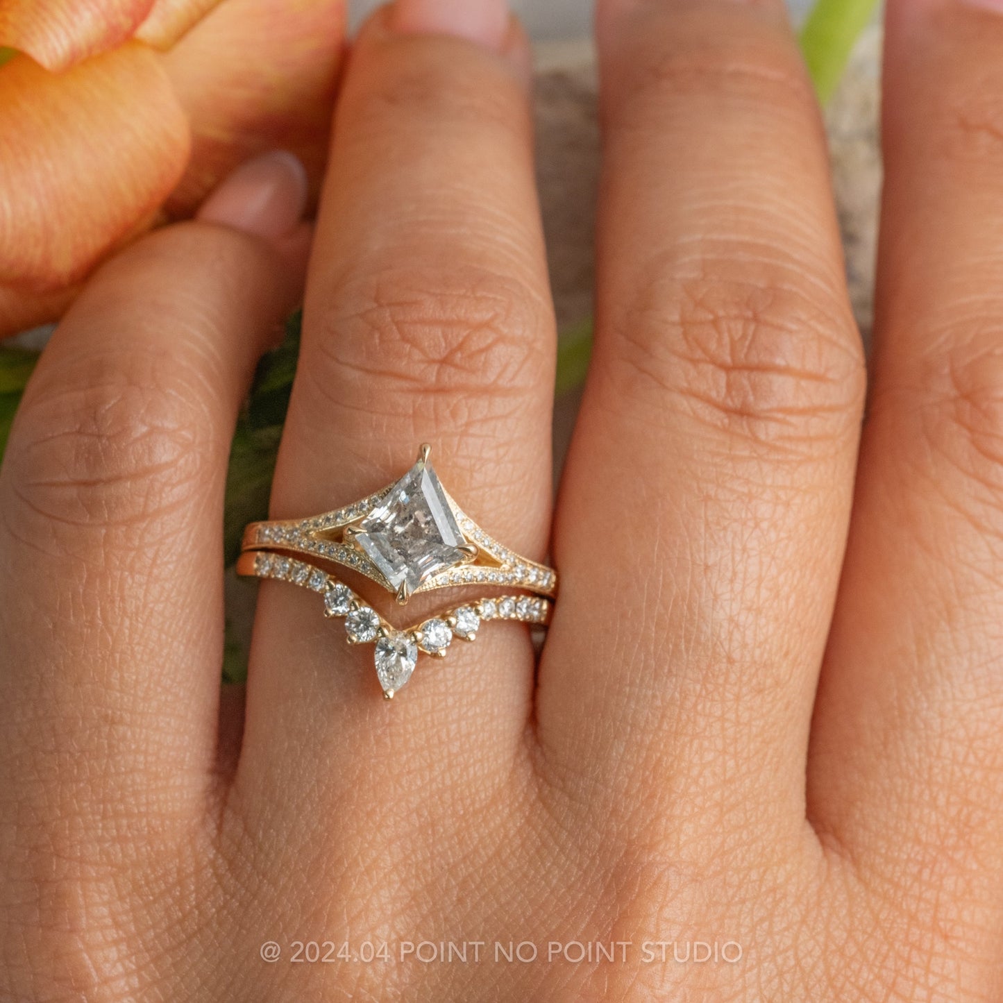 1.17 Carat Canadian Salt and Pepper Kite Diamond Engagement Ring, Engraved River Setting
