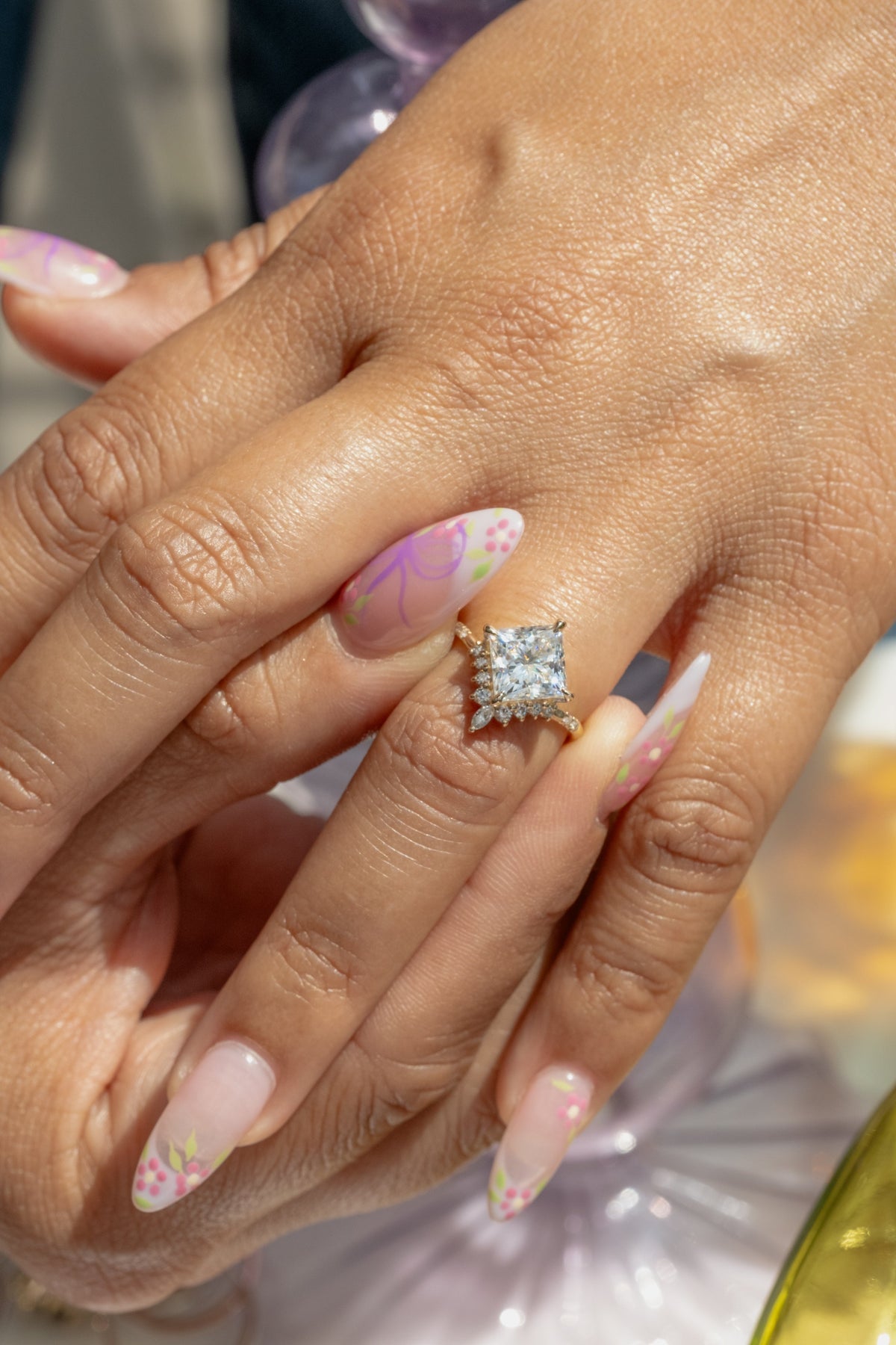 1.91 Carat Princess Cut Moissanite and Diamond Engagement Ring, Flora Setting