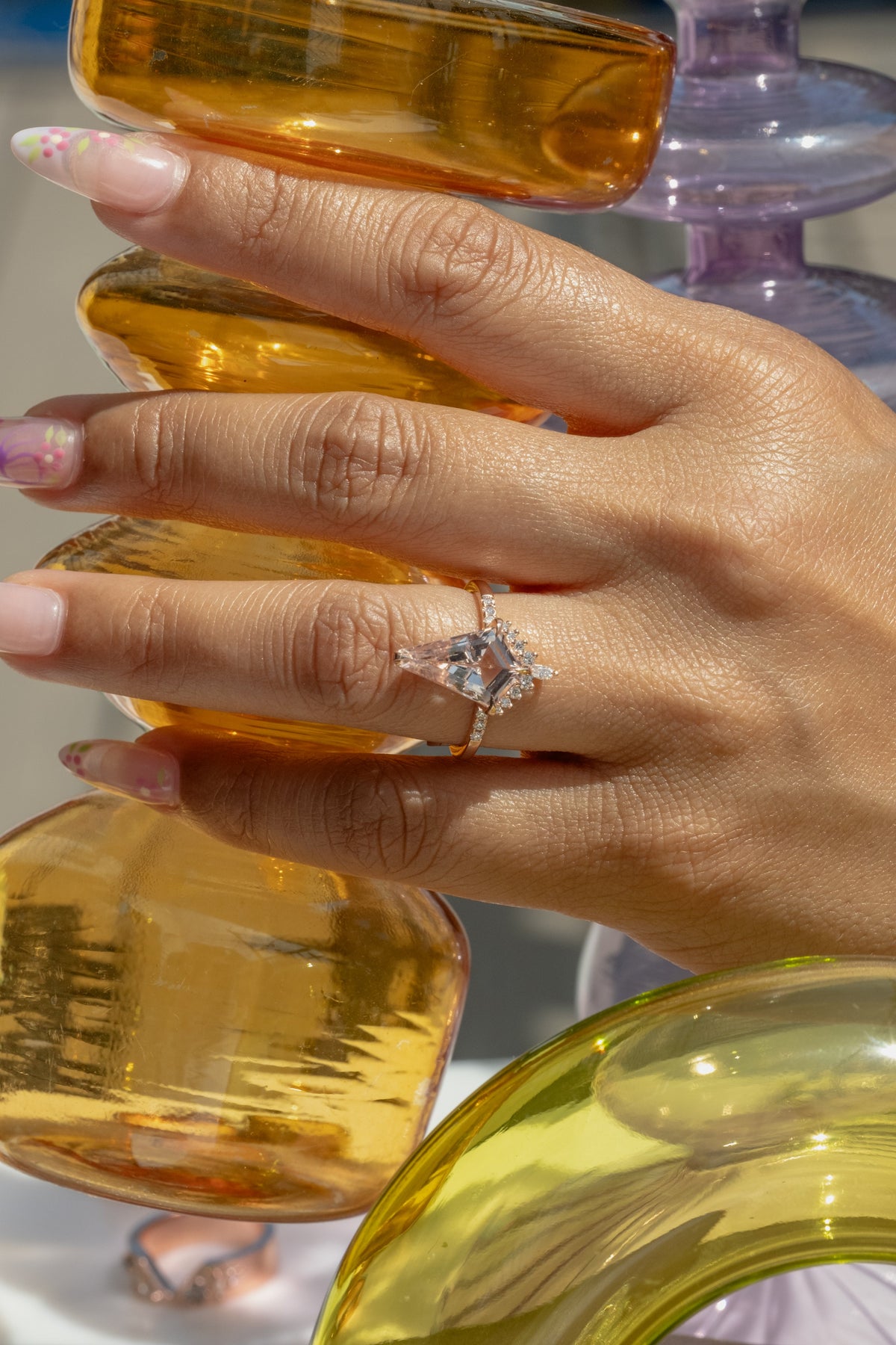 2.99 Carat Kite Morganite and Diamond Engagement Ring, Avaline Setting, 14k Rose Gold