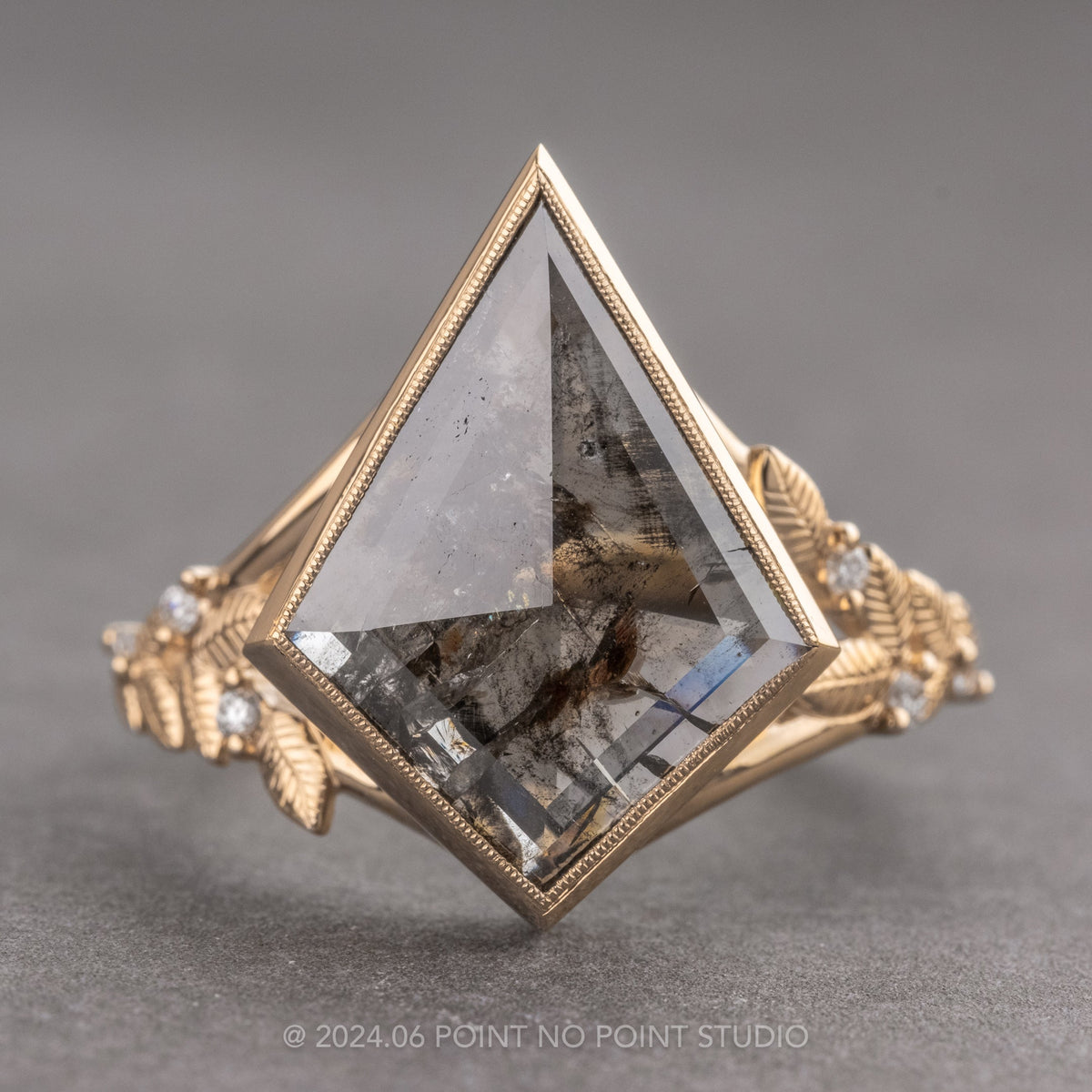 2.73 Carat Salt and Pepper Kite Diamond Engagement Ring, Bezel Magnolia Setting, 14K Yellow Gold
