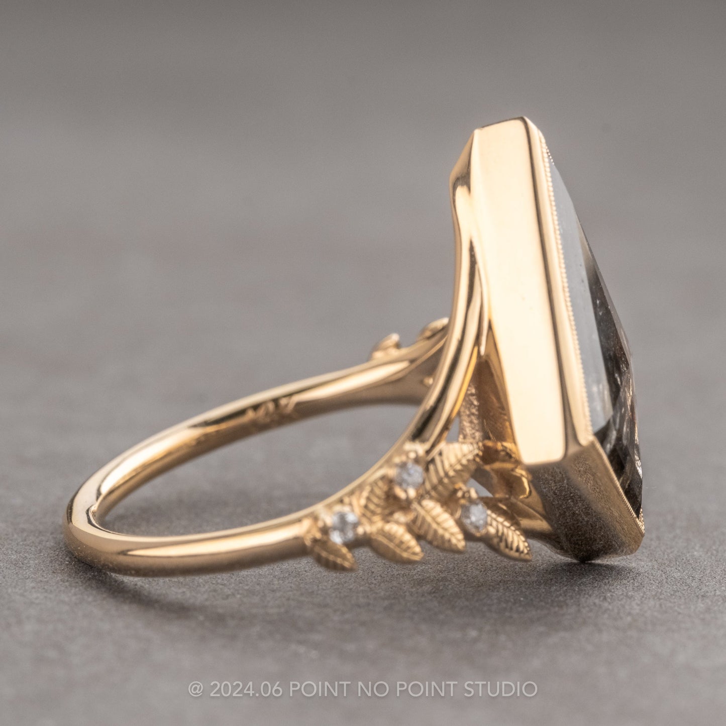 2.73 Carat Salt and Pepper Kite Diamond Engagement Ring, Bezel Magnolia Setting, 14K Yellow Gold