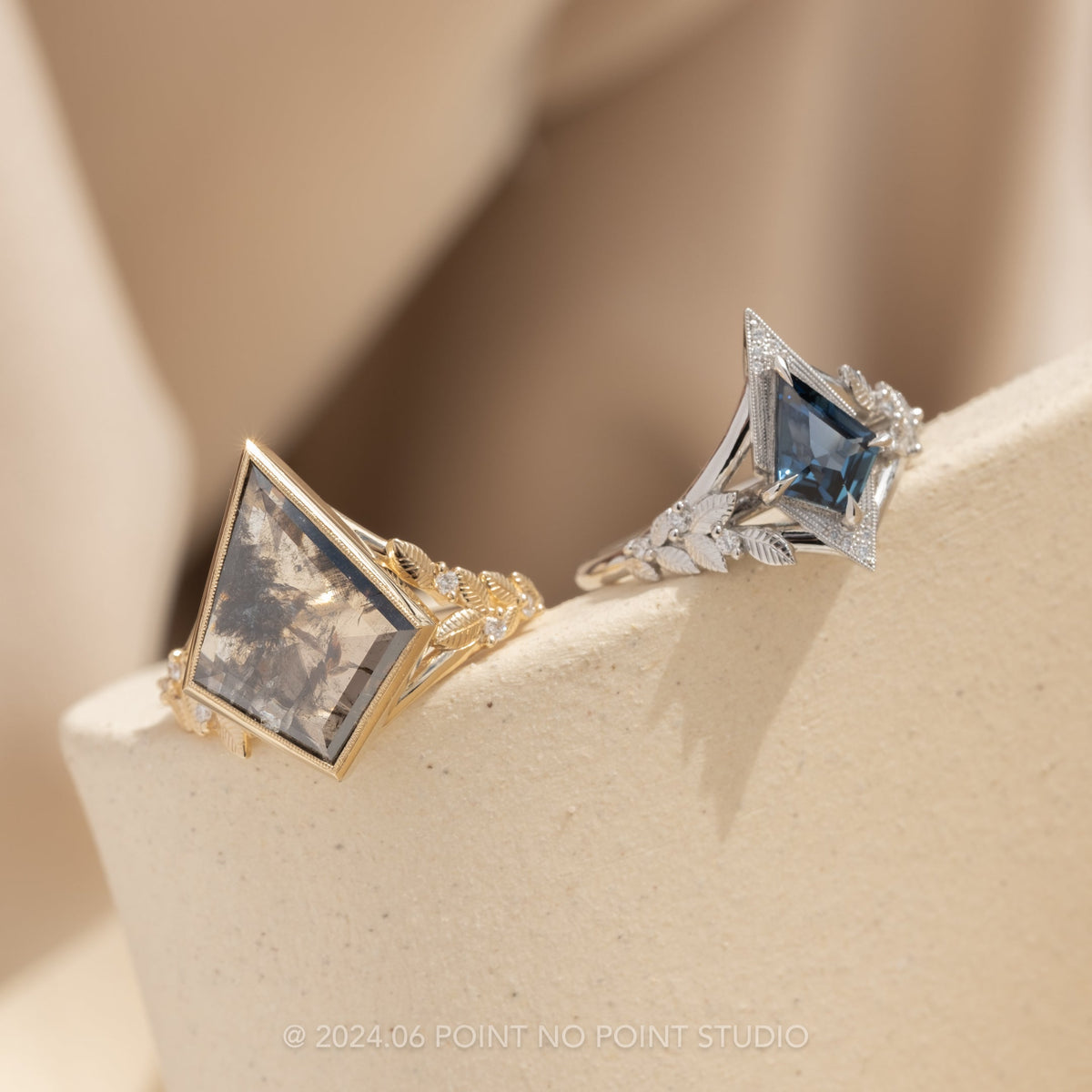 2.73 Carat Salt and Pepper Kite Diamond Engagement Ring, Bezel Magnolia Setting, 14K Yellow Gold