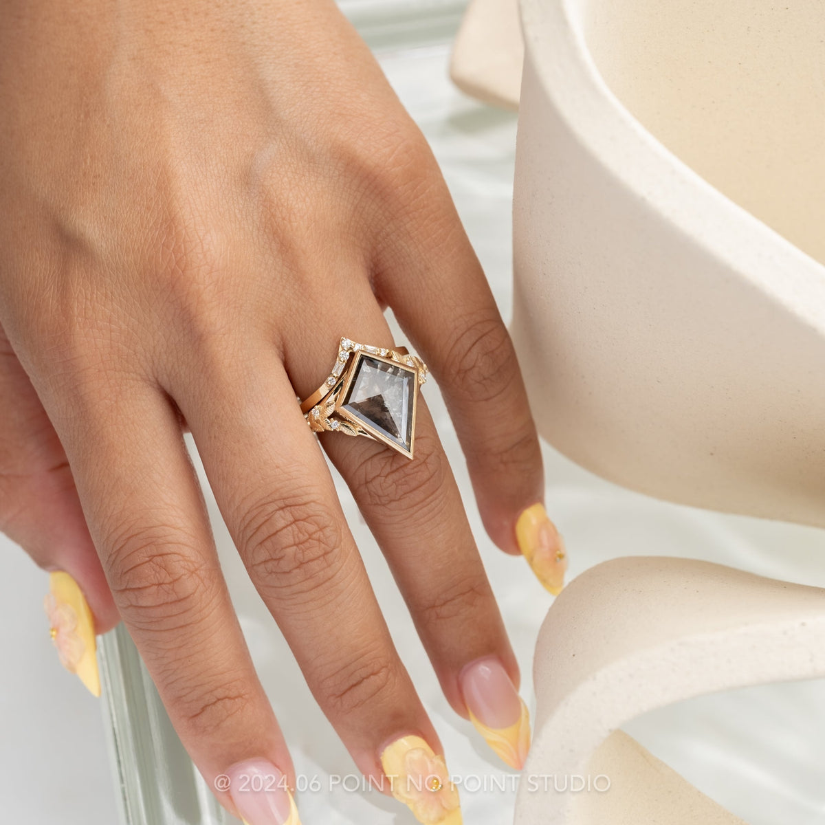 2.73 Carat Salt and Pepper Kite Diamond Engagement Ring, Bezel Magnolia Setting, 14K Yellow Gold