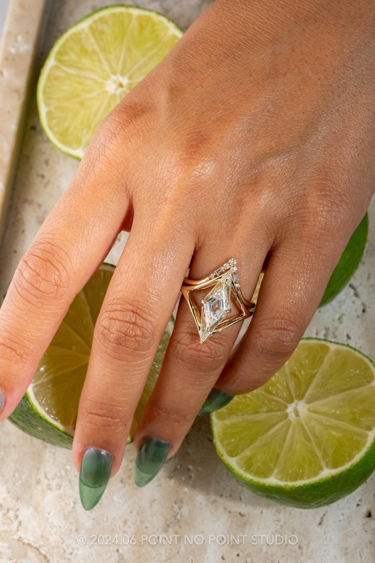 1.21 Carat Lozenge Moissanite and Diamond Engagement Ring, Arwen Setting