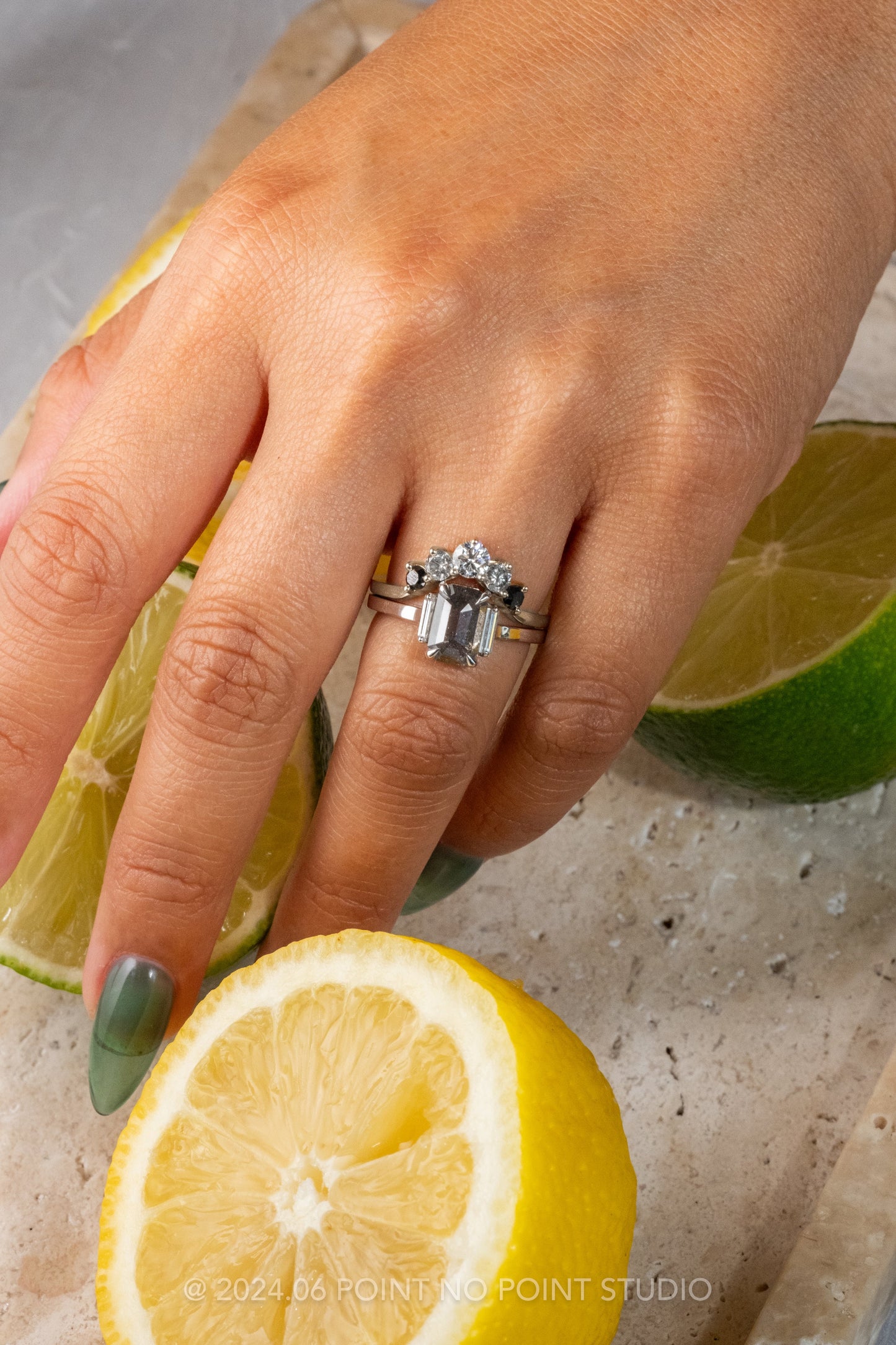 1.84 Carat Black Speckled Emerald Shaped Diamond Engagement Ring, Lea Setting, Platinum