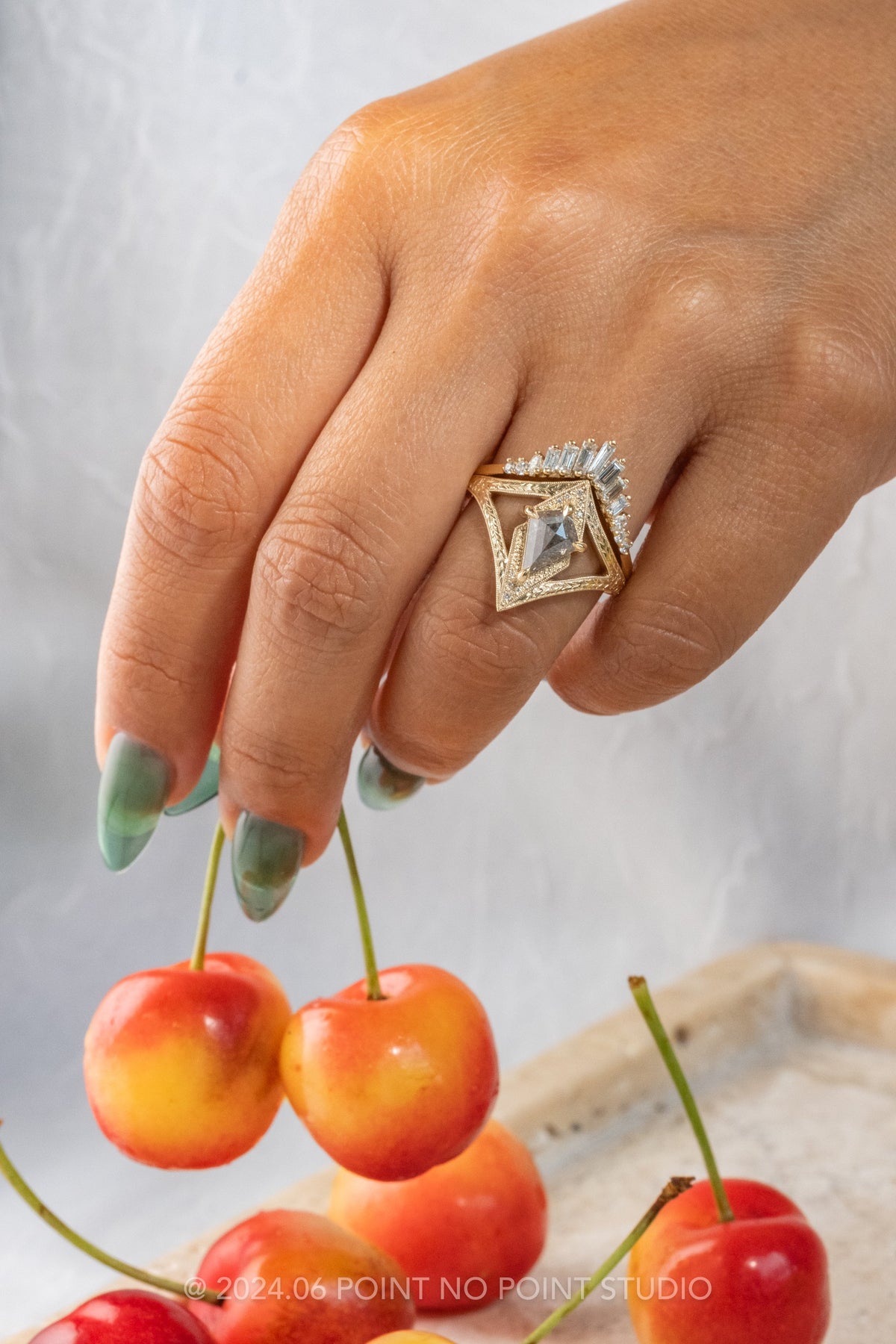 .86 Carat Salt and Pepper Kite Diamond Engagement Ring, Engraved Arwen Setting
