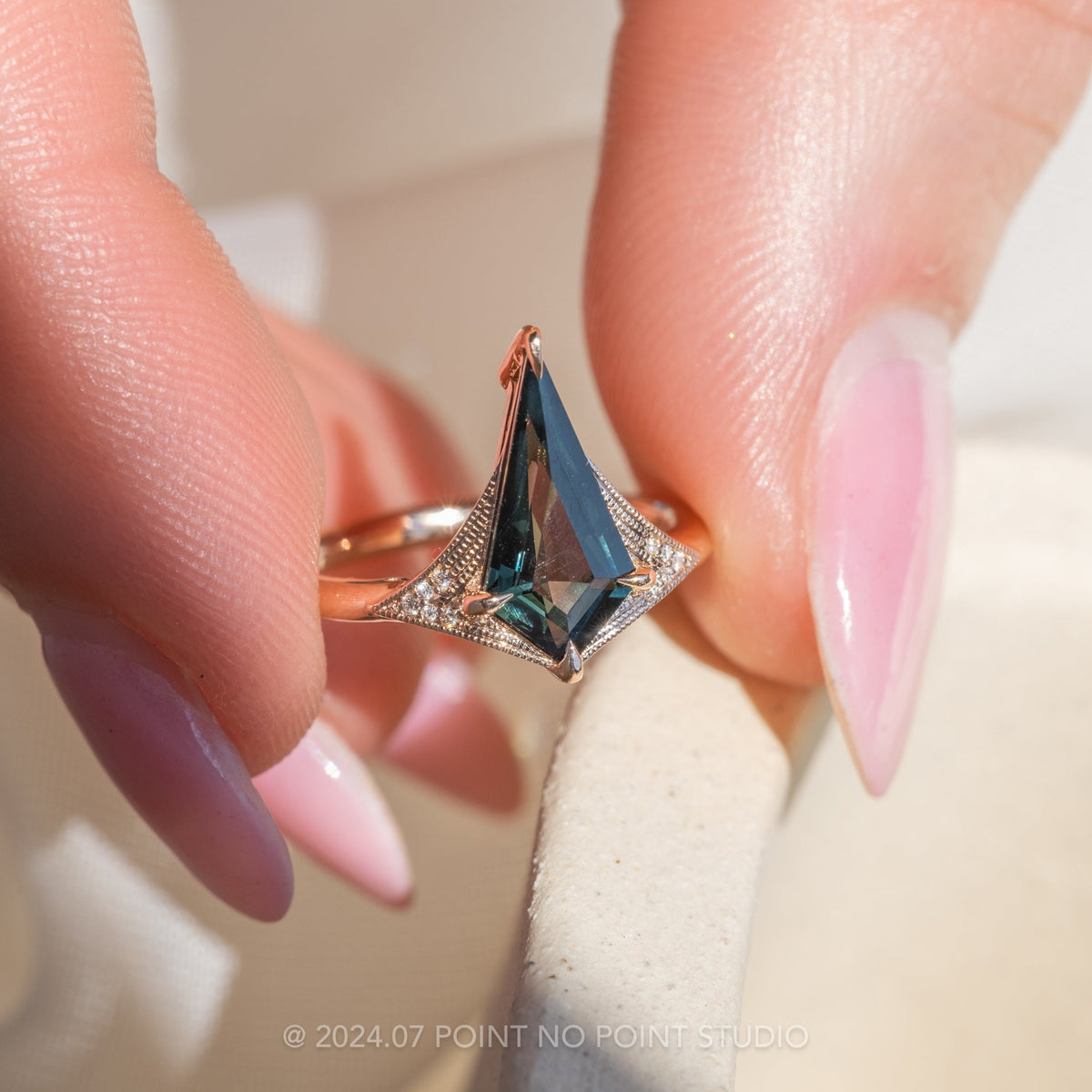 1.86 Carat Teal Kite Sapphire and Diamond Engagement Ring, Aela Setting