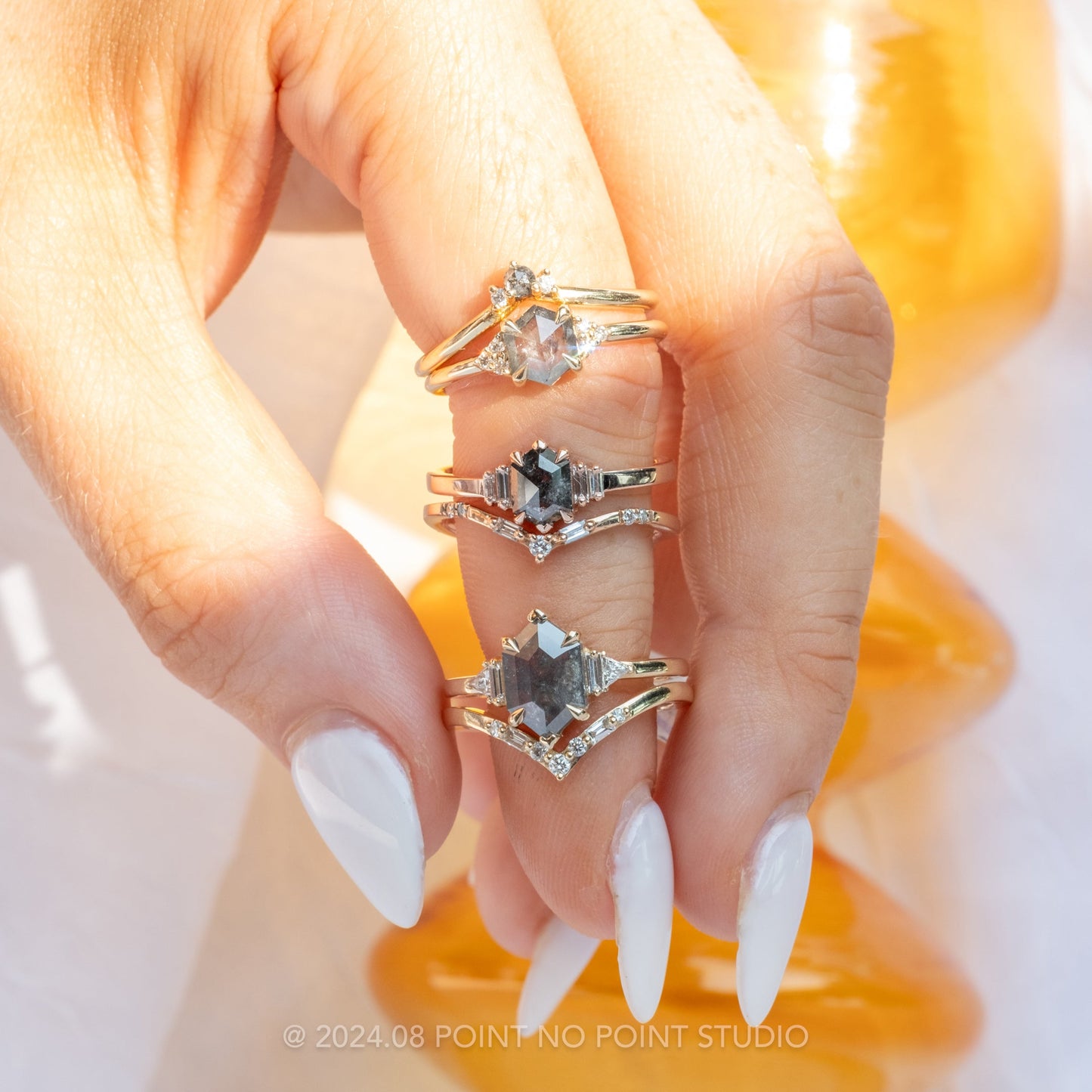 1.20 Carat Icy Salt and Pepper Hexagon Diamond Engagement Ring, Quinn Setting