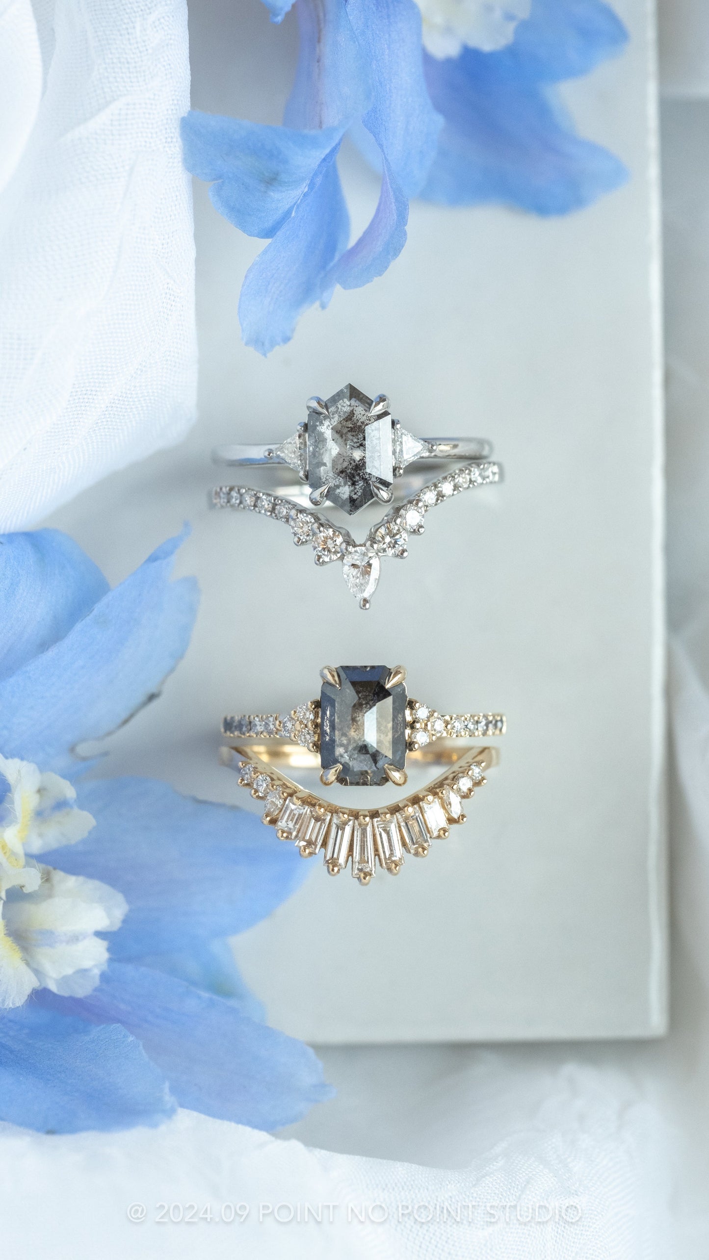2.41 Carat Black Salt and Pepper Emerald Shaped Diamond Engagement Ring, Ombre Quincy Setting, 14K Yellow Gold