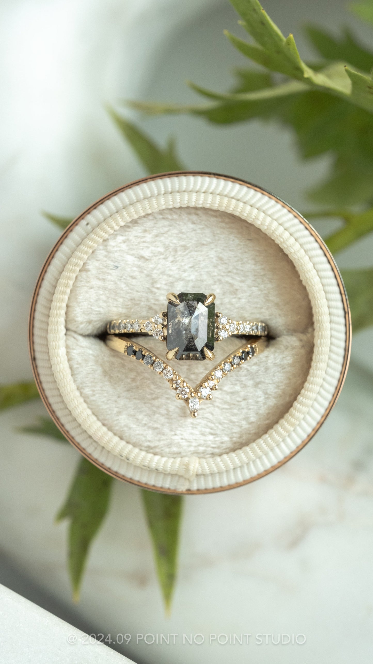 2.41 Carat Black Salt and Pepper Emerald Shaped Diamond Engagement Ring, Ombre Quincy Setting, 14K Yellow Gold