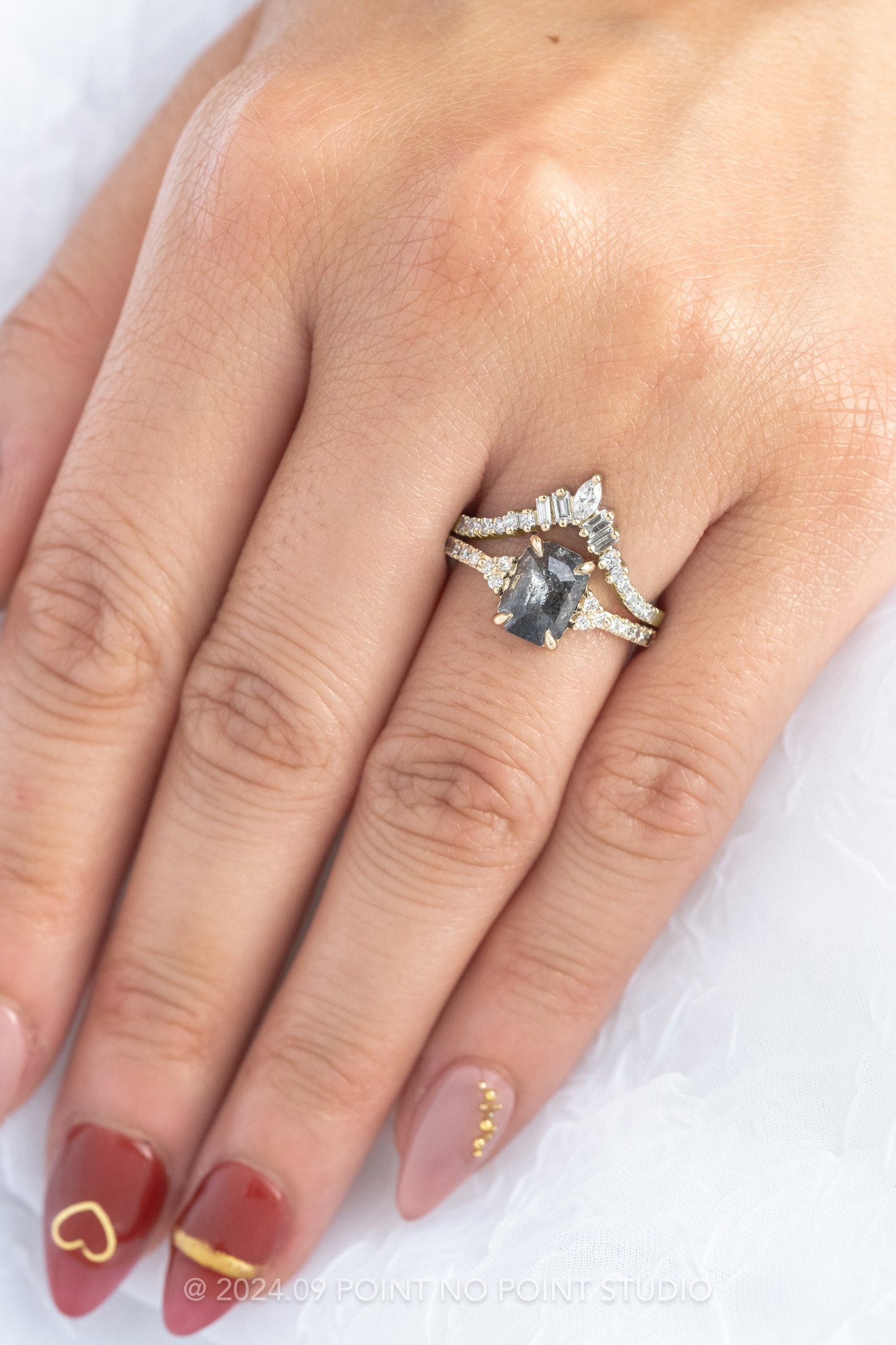 2.41 Carat Black Salt and Pepper Emerald Shaped Diamond Engagement Ring, Ombre Quincy Setting, 14K Yellow Gold