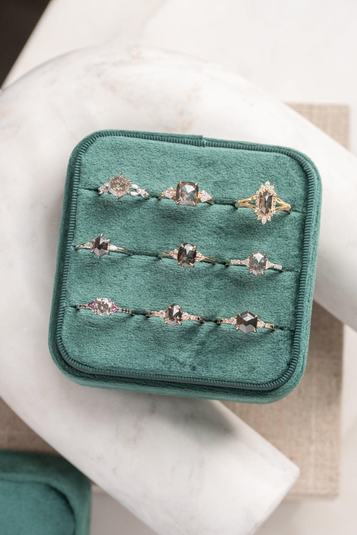 1.82 Carat Black Salt and Pepper Hexagon Diamond Engagement Ring, Eliza Setting