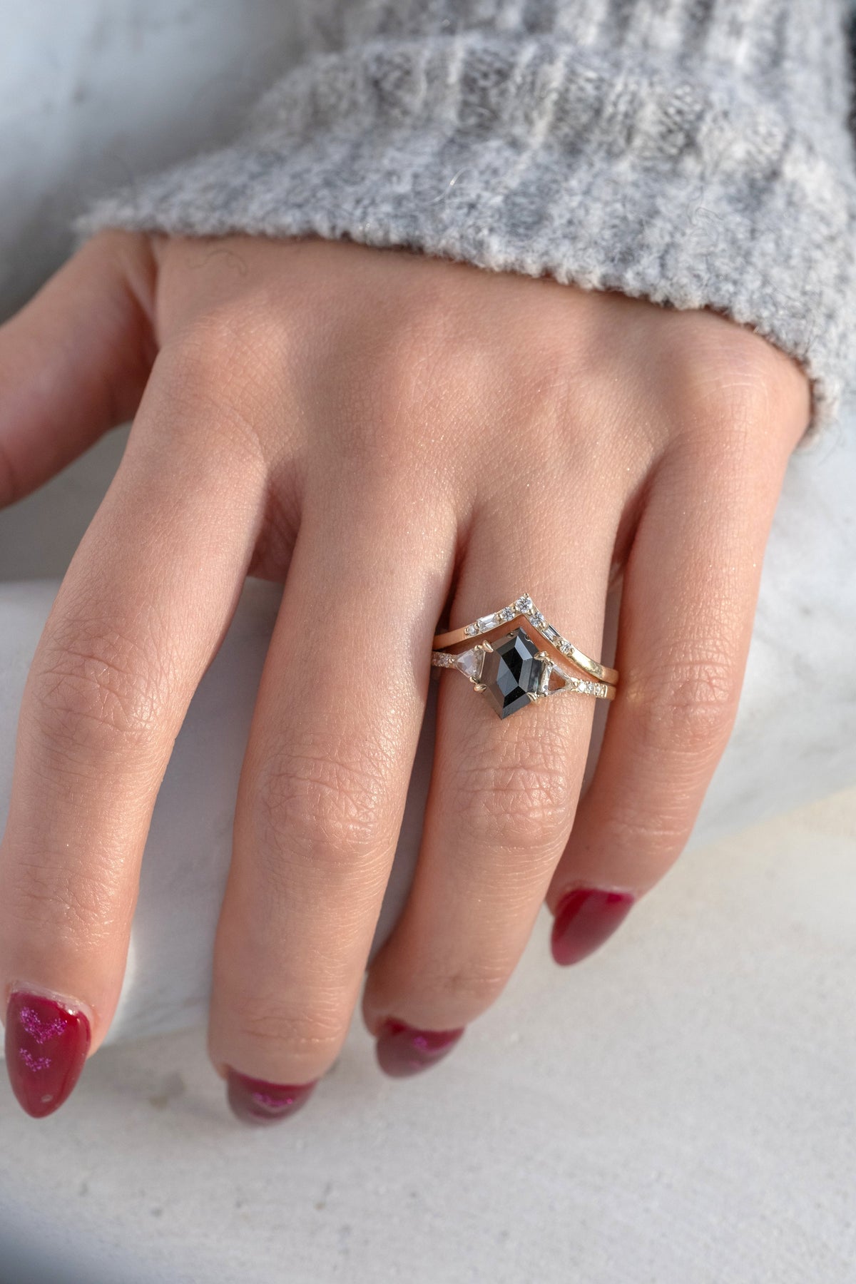 1.86 Carat Black Hexagon Diamond Engagement Ring, Eliza Setting