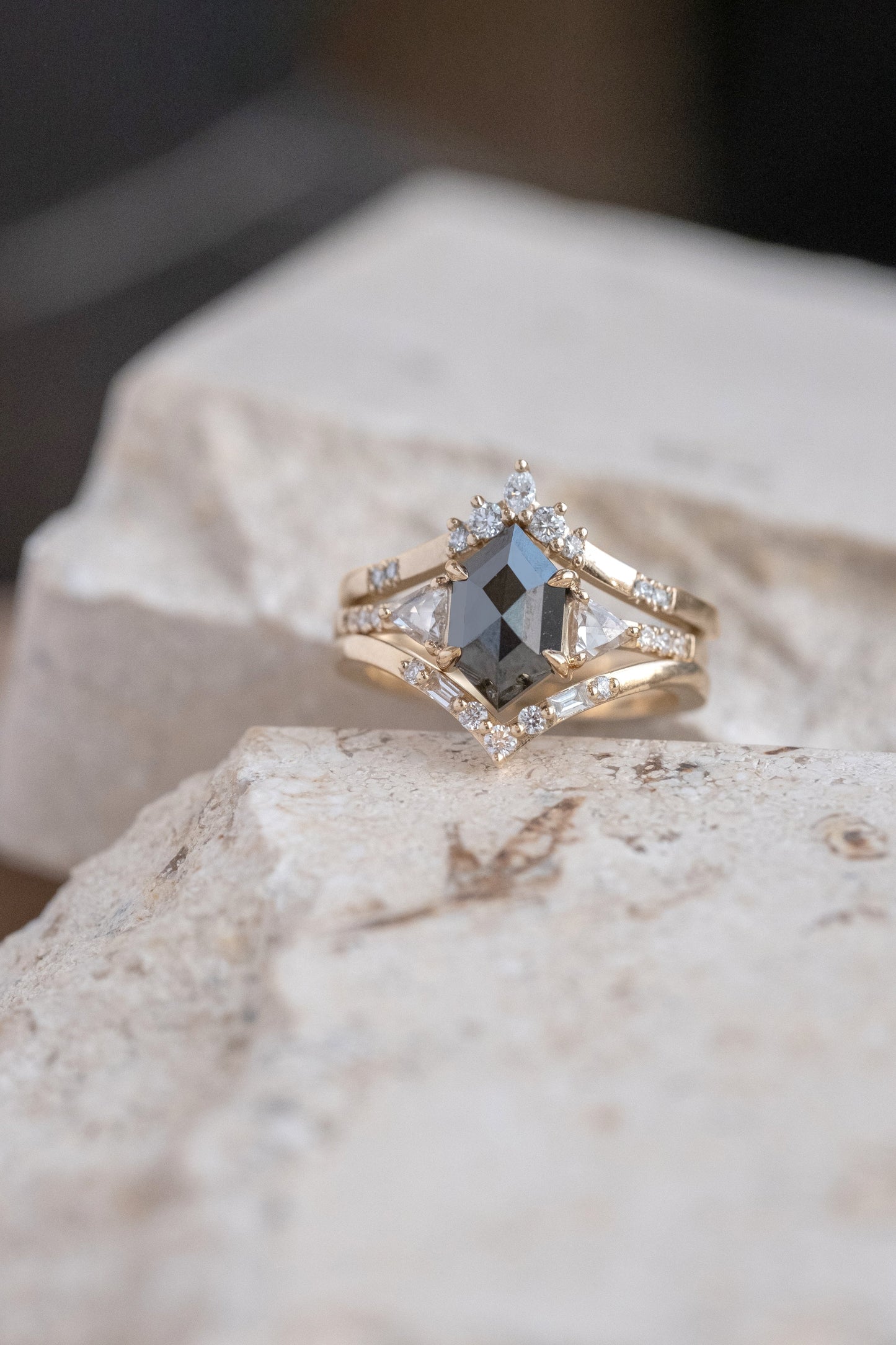 1.86 Carat Black Hexagon Diamond Engagement Ring, Eliza Setting