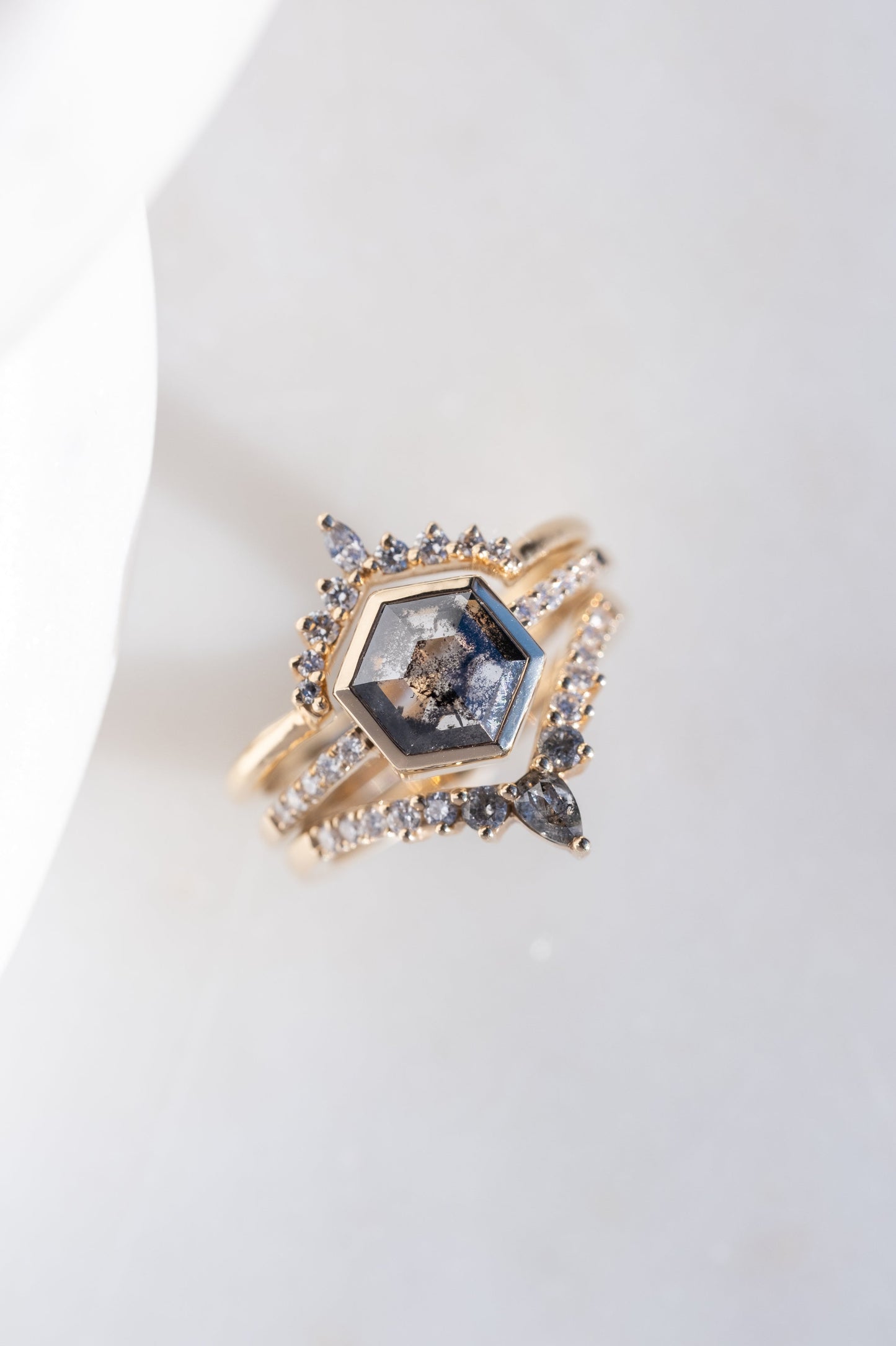 Cassiopeia Wedding Ring, Salt and Pepper and White Diamonds, 11 Diamond