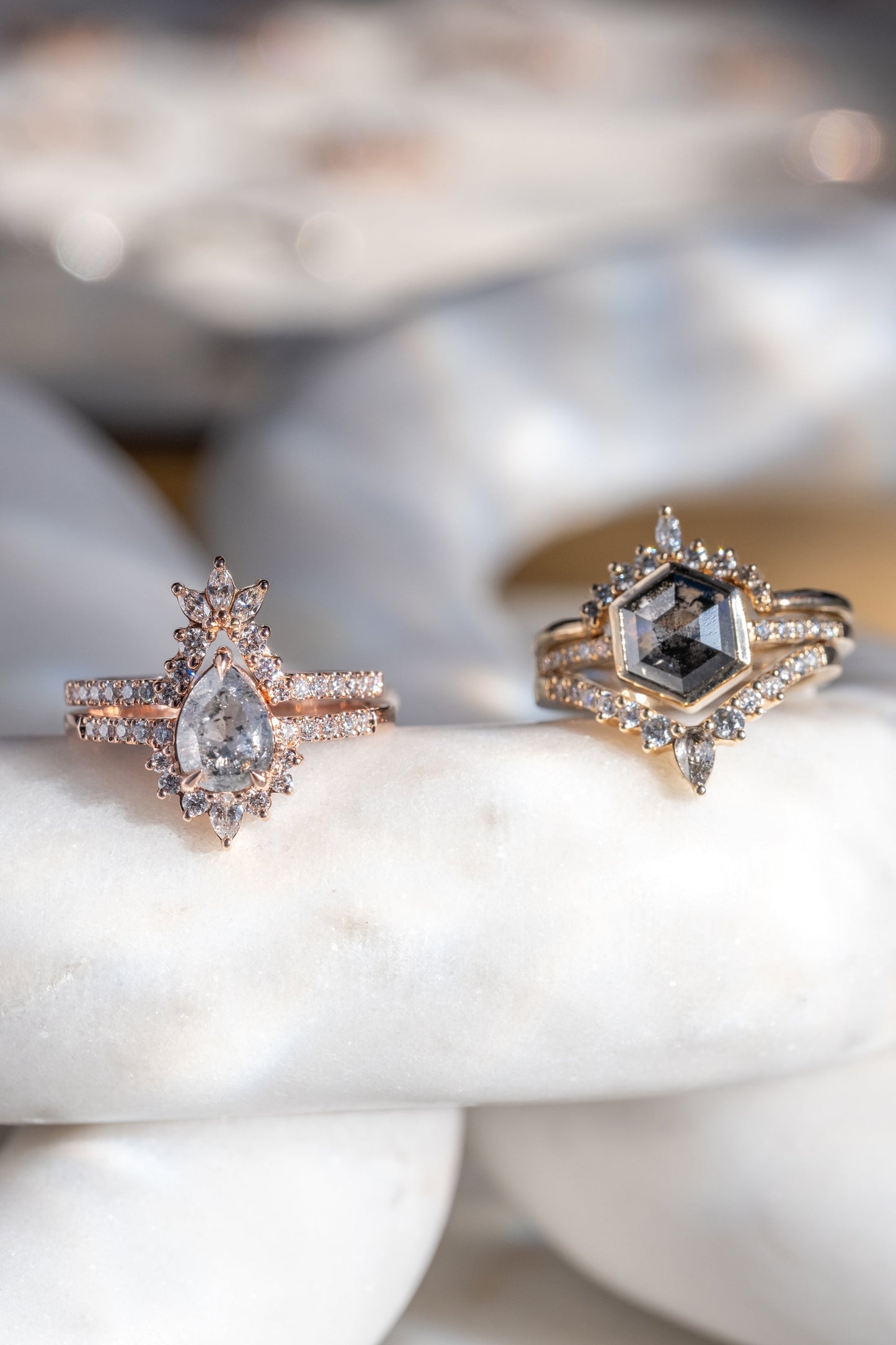 Cassiopeia Wedding Ring, Salt and Pepper and White Diamonds, 11 Diamond