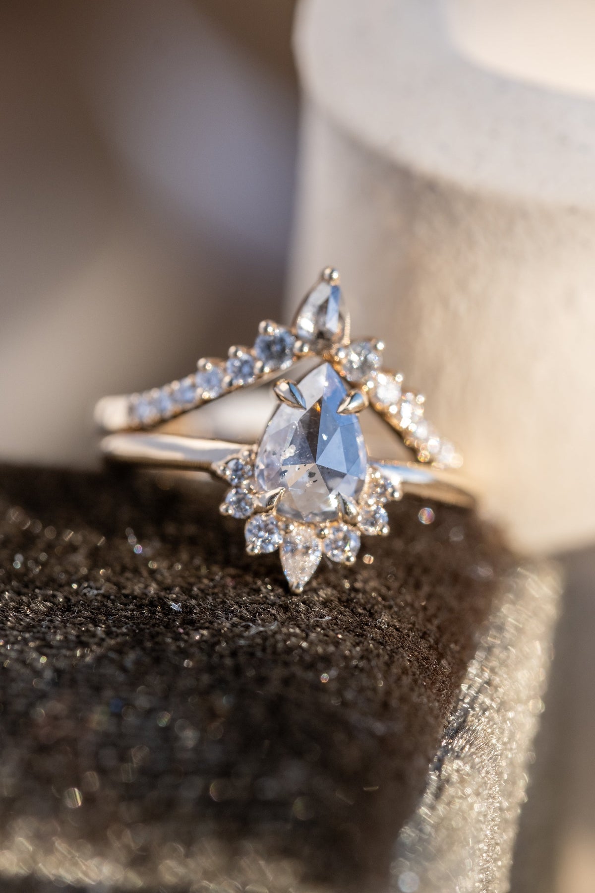 Cassiopeia Wedding Ring, Salt and Pepper and White Diamonds, 11 Diamond
