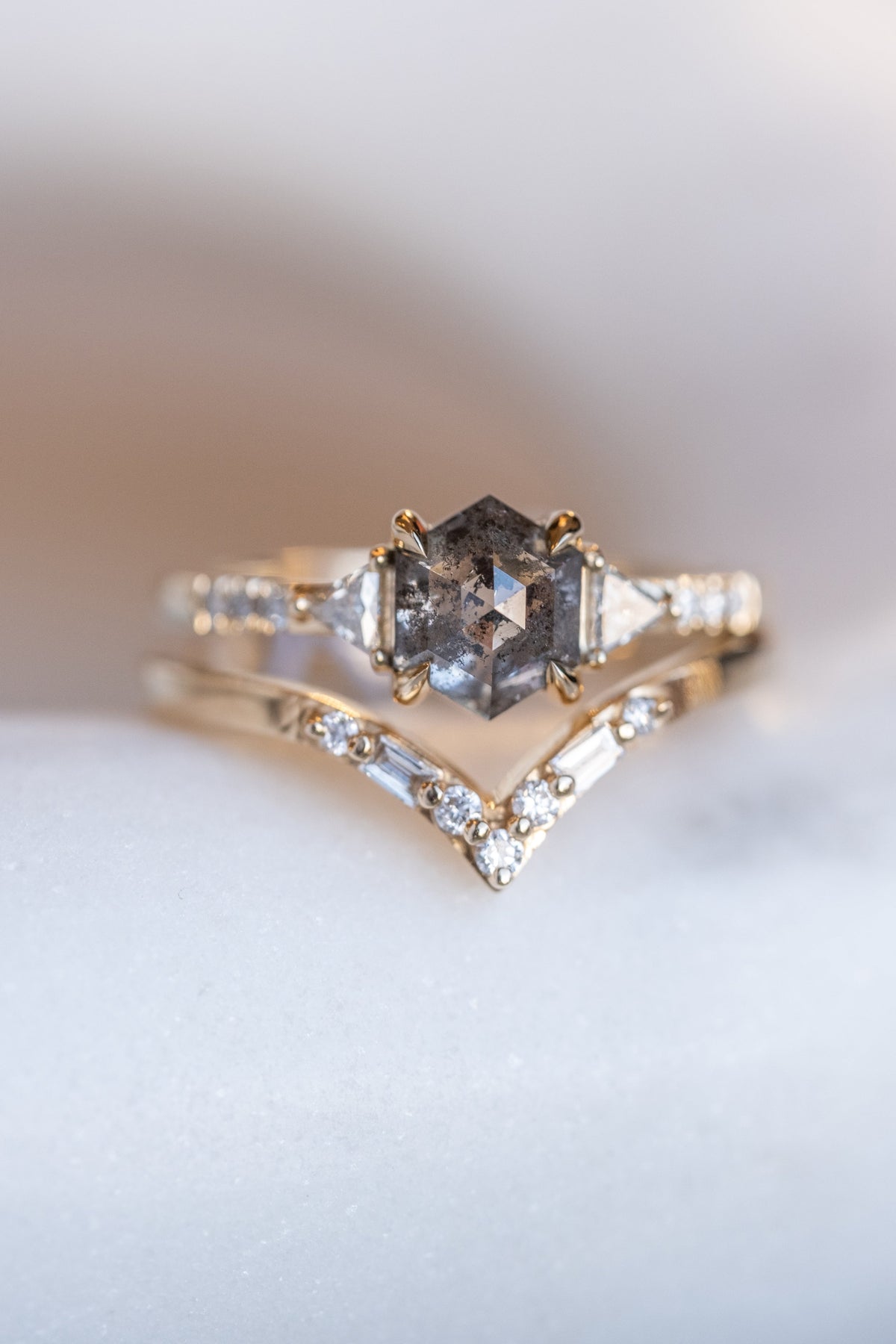 1.42 Carat Salt and Pepper Hexagon Diamond Engagement Ring, Eliza Setting, 14K Yellow Gold