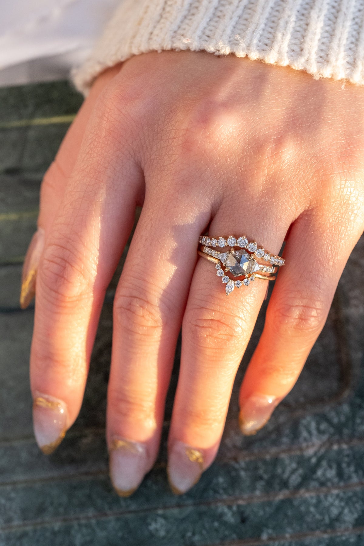 1.42 Carat Salt and Pepper Hexagon Diamond Engagement Ring, Eliza Setting, 14K Yellow Gold