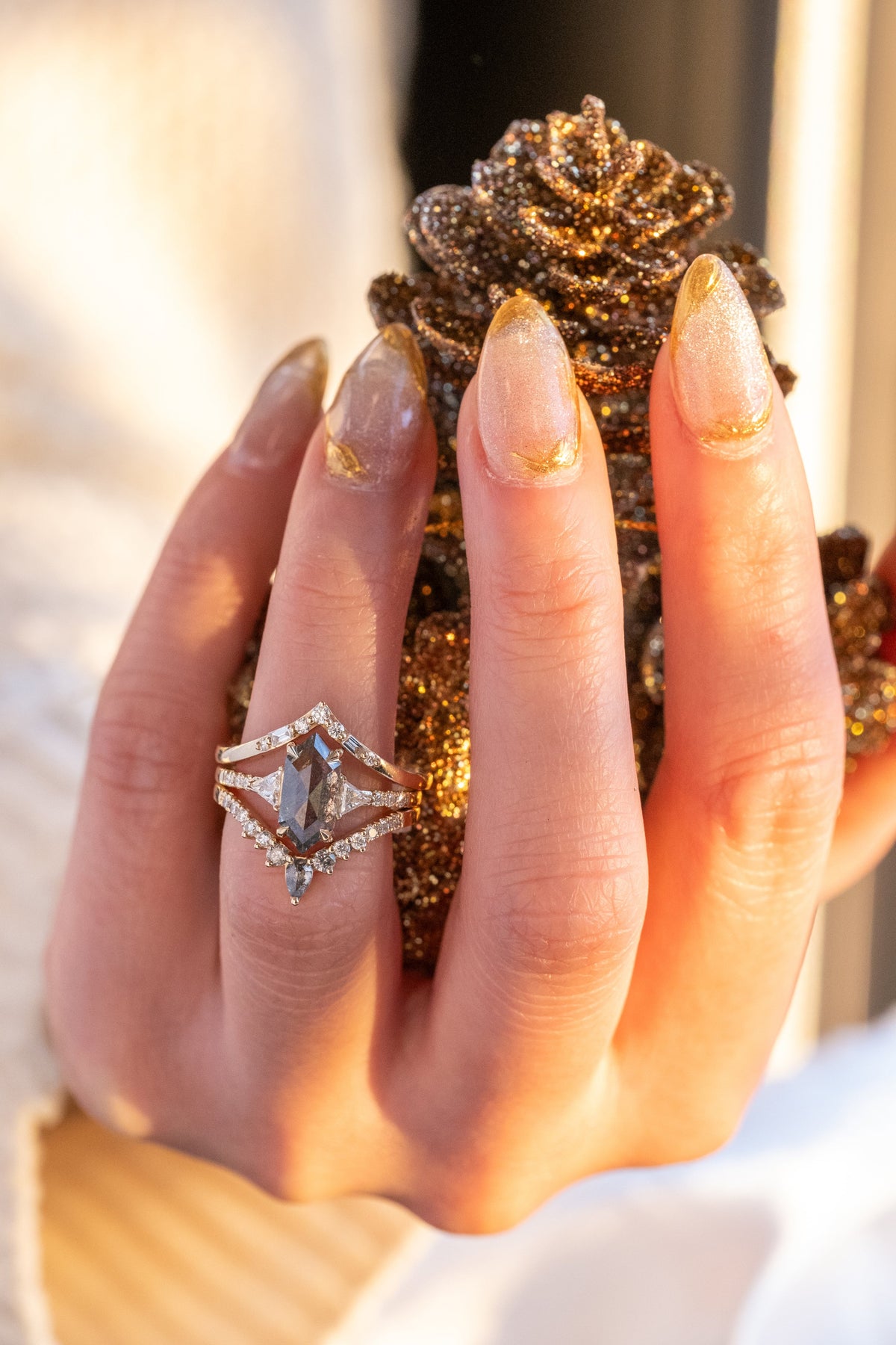 Cassiopeia Wedding Ring, Salt and Pepper and White Diamonds, 11 Diamond