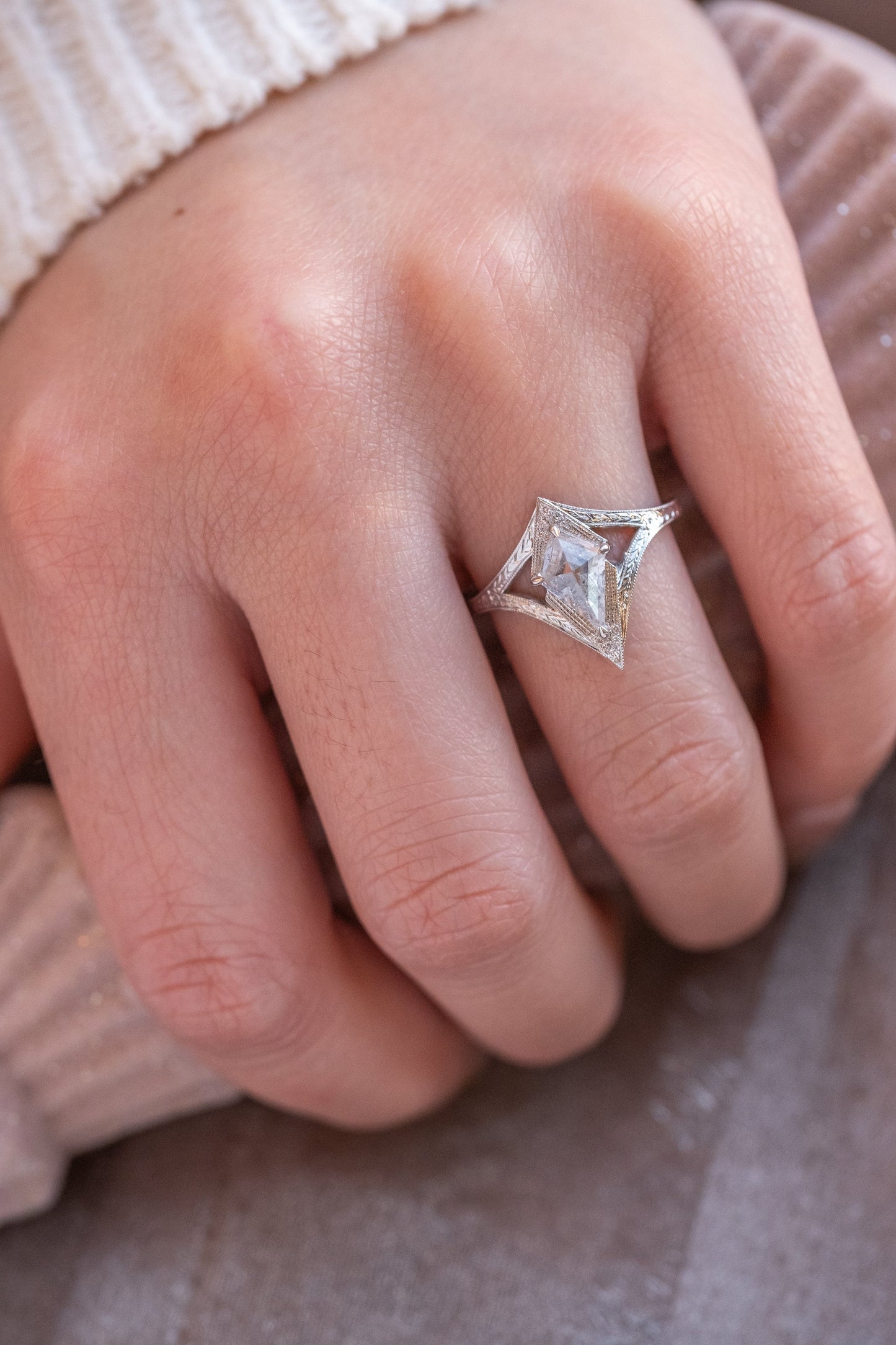 1.12 Carat Canadian Salt and Pepper Kite Diamond Engagement Ring, Engraved Arwen Setting, Platinum